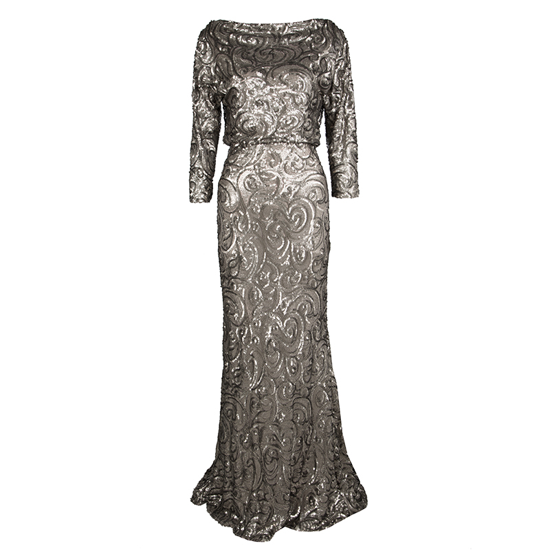 Badgley Mischka Collection Dull Gold Sequin Embellished Cowl Neck Blouson Gown S 