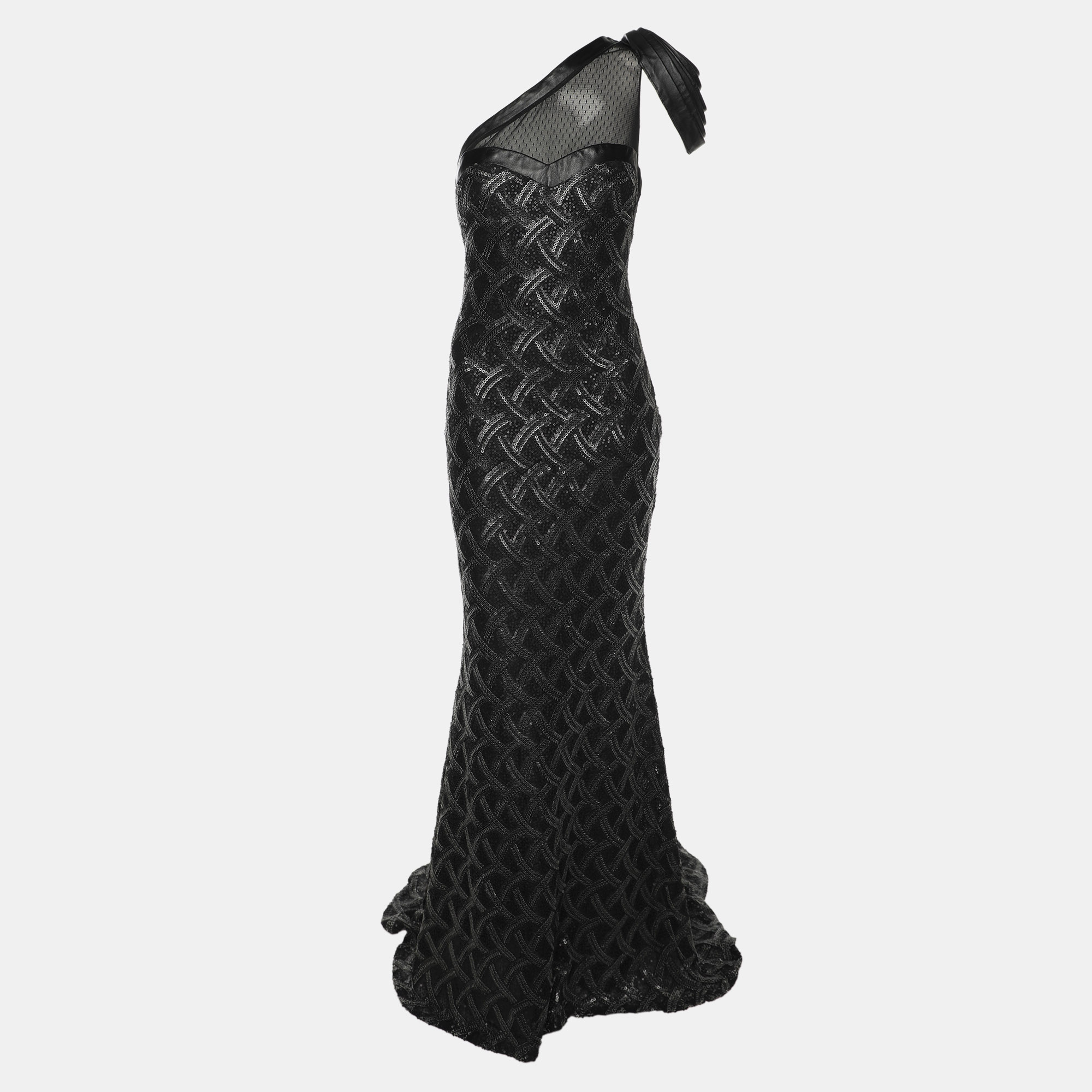 

Badgley Mischka Black/Grey Sequin Tulle One Shoulder Dress S