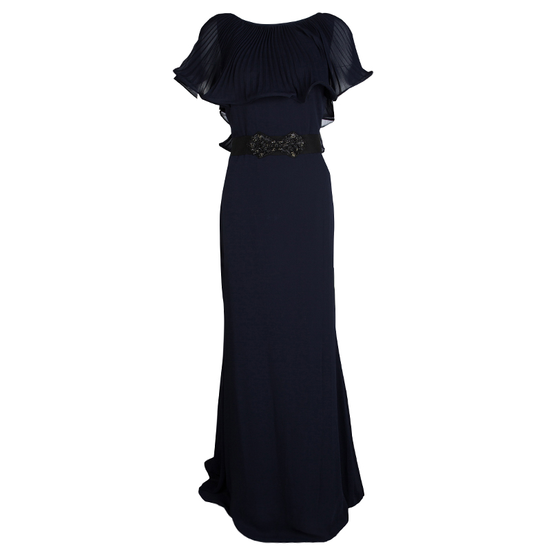 Badgley Mischka Navy Blue Plisse Ruffle Detail Embellished Maxi Dress M