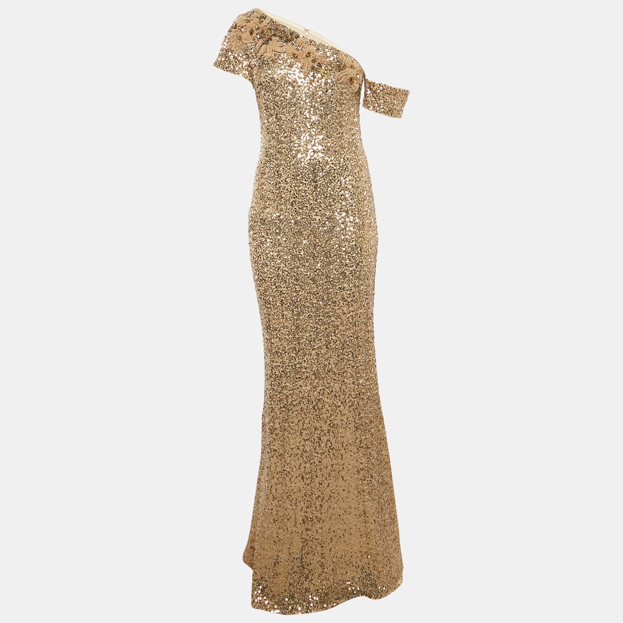 

Badgley Mischka Gold Sequins Nylon Asymmetrical Neck Long Dress XS