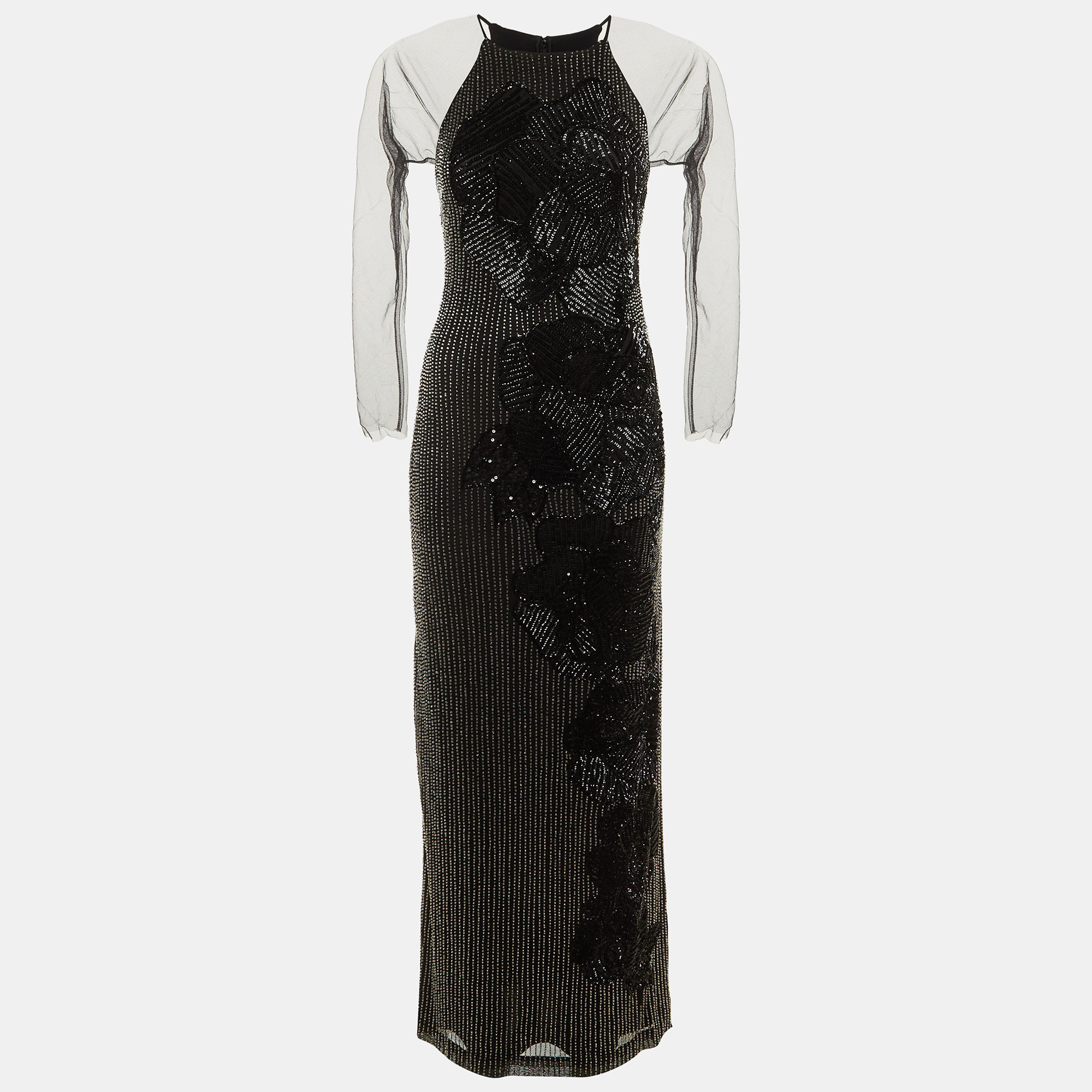 Pre-owned Badgley Mischka Black Embellished Mesh Gown L