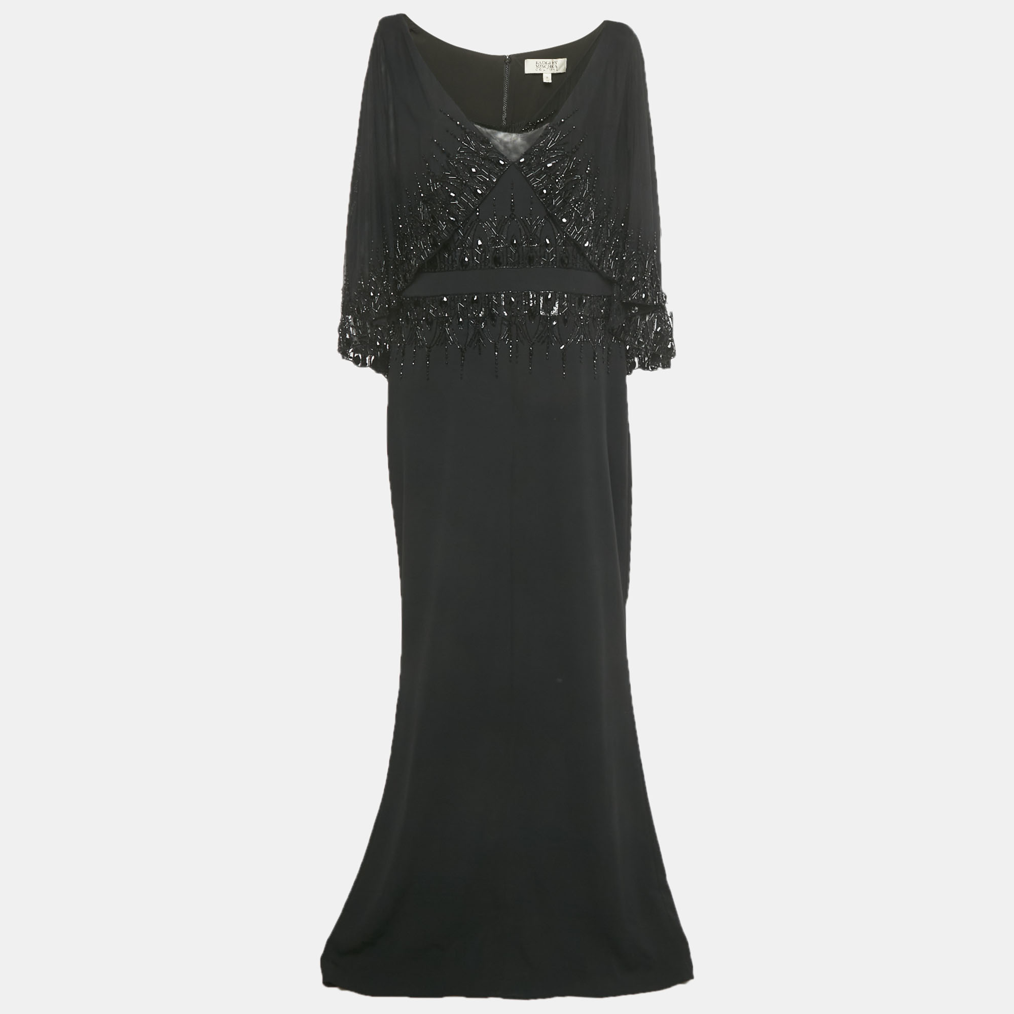 Pre-owned Badgley Mischka Black Embellished Overlay Crepe Gown Xl