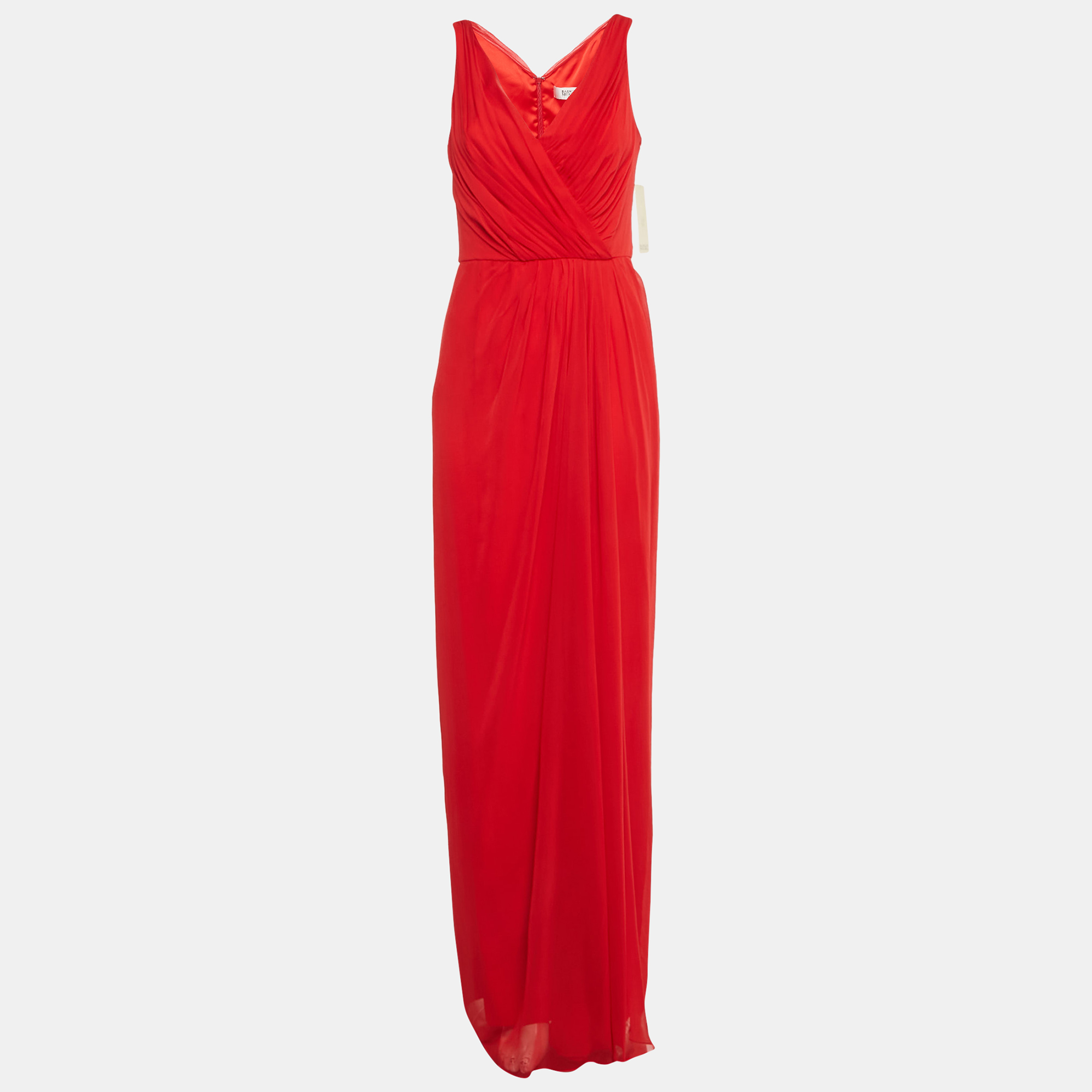 

Badgley Mischka Red Silk Pleated Sleeveless Gown L