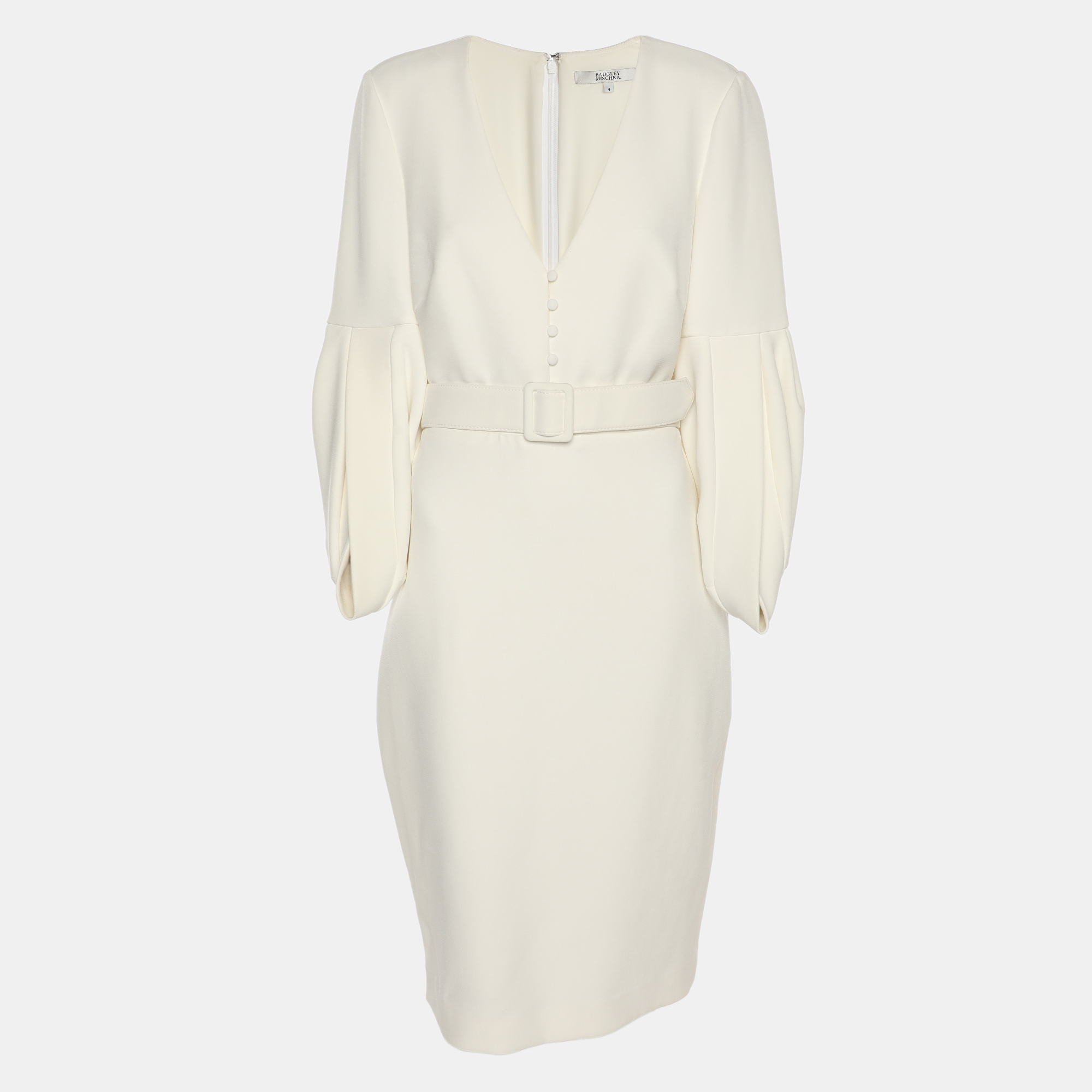

Badgley Mischka White Stretch Crepe Belted Dress S