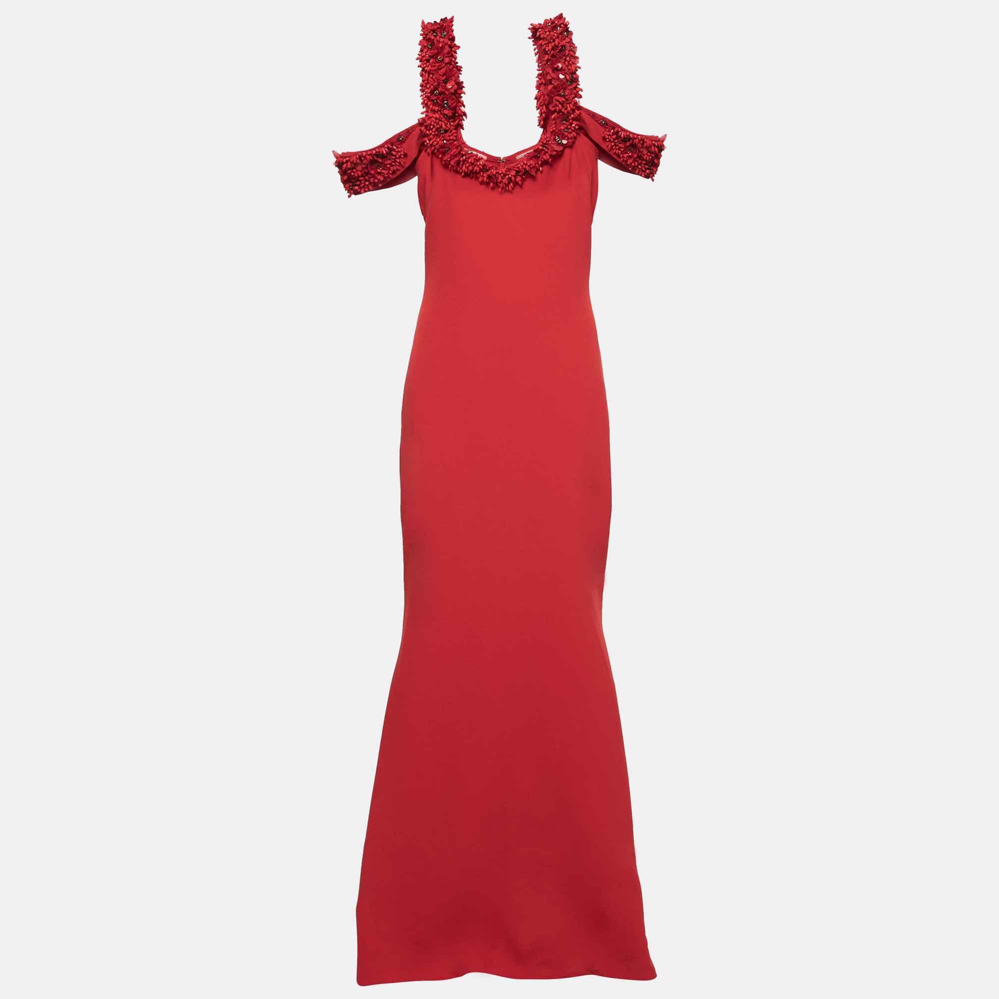 Pre-owned Badgley Mischka Couture Red Crepe Off Shoulder Embellished Long Gown L