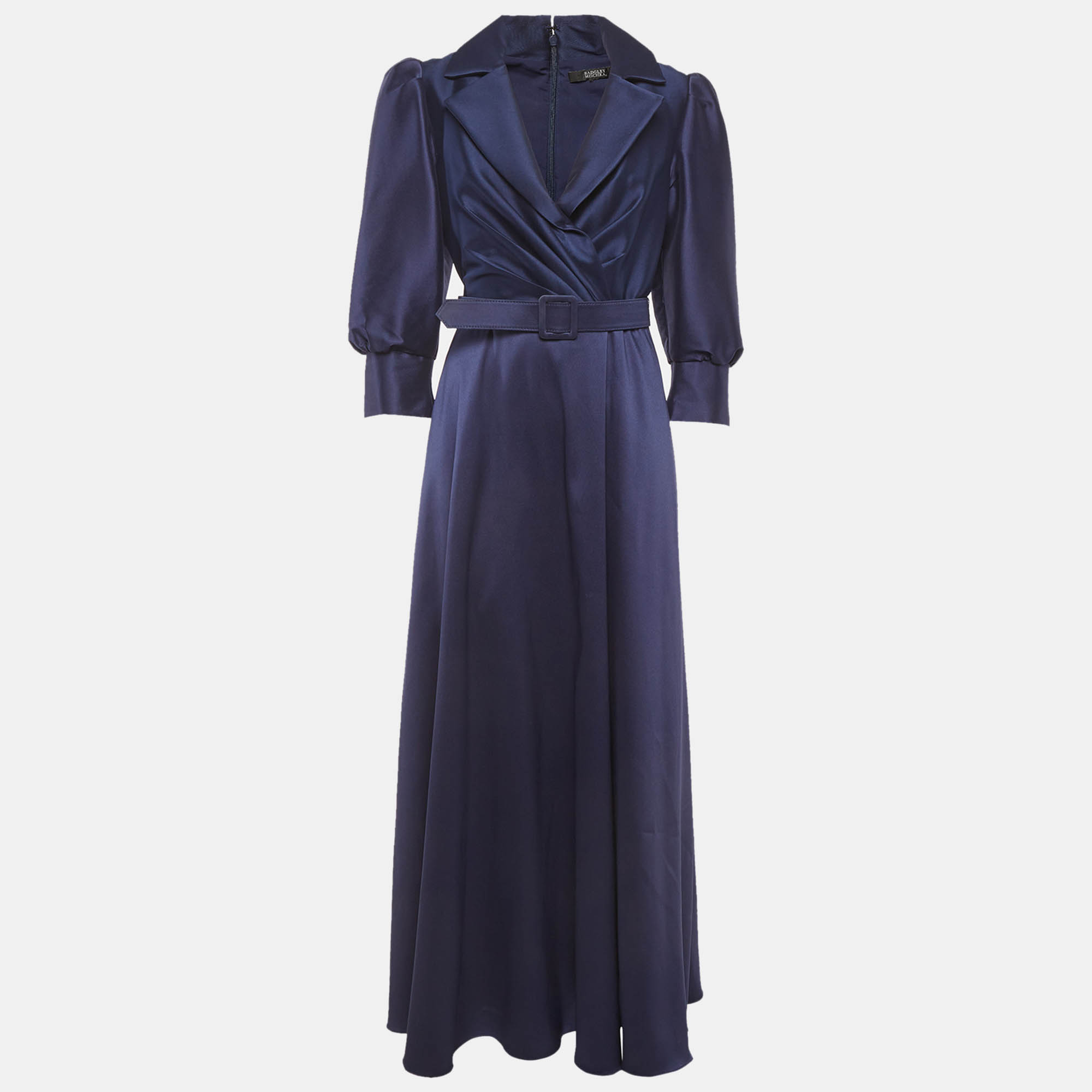 

Badgley Mischka Navy Blue Twill Belted Collared Gown M