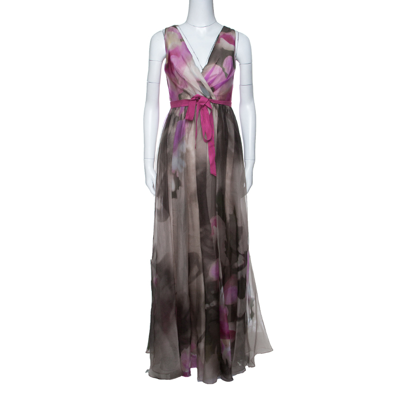 Pre Owned Badgley Mischka Collection Floral Printed Organza Contrast Belted Ball Gown S