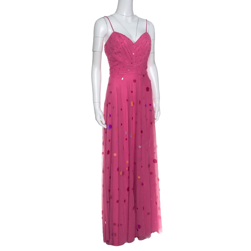

Badgley Mischka Pink Sequin Paillette Embellished Noodle Strap Maxi Dress