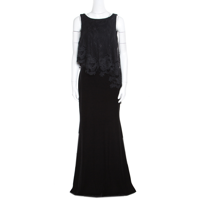 Pre Owned Badgley Mischka Black Velvet Floral Applique Lace Popover Gown M