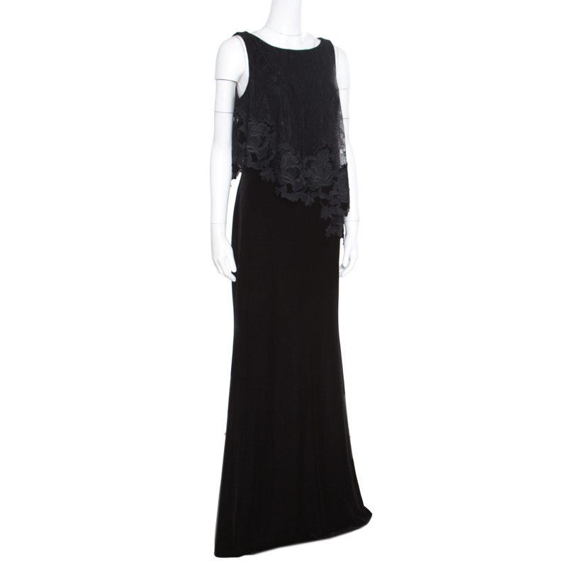 

Badgley Mischka Black Velvet Floral Applique Lace Popover Gown