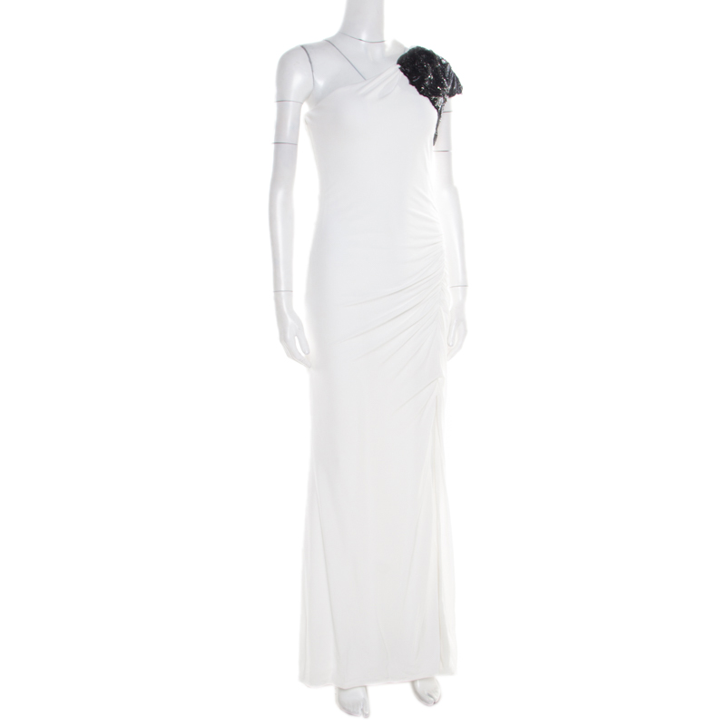 

Badgley Mischka Collection White Ruched Knit Contrast Embellished One Shoulder Gown