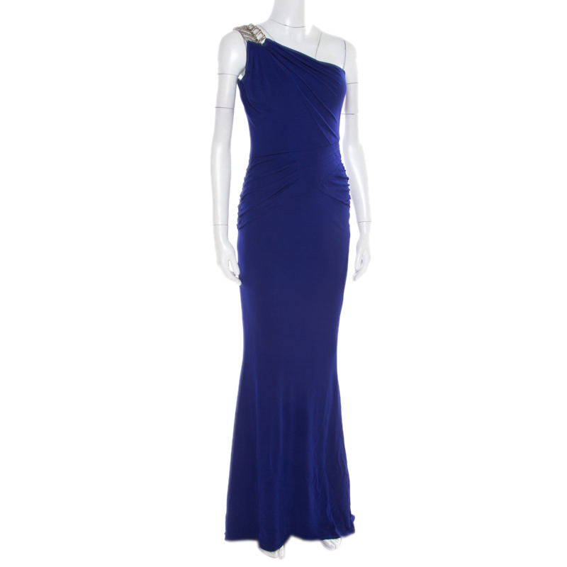 

Badgley Mischka Collection Blue Knit Embellished One Shoulder Gown