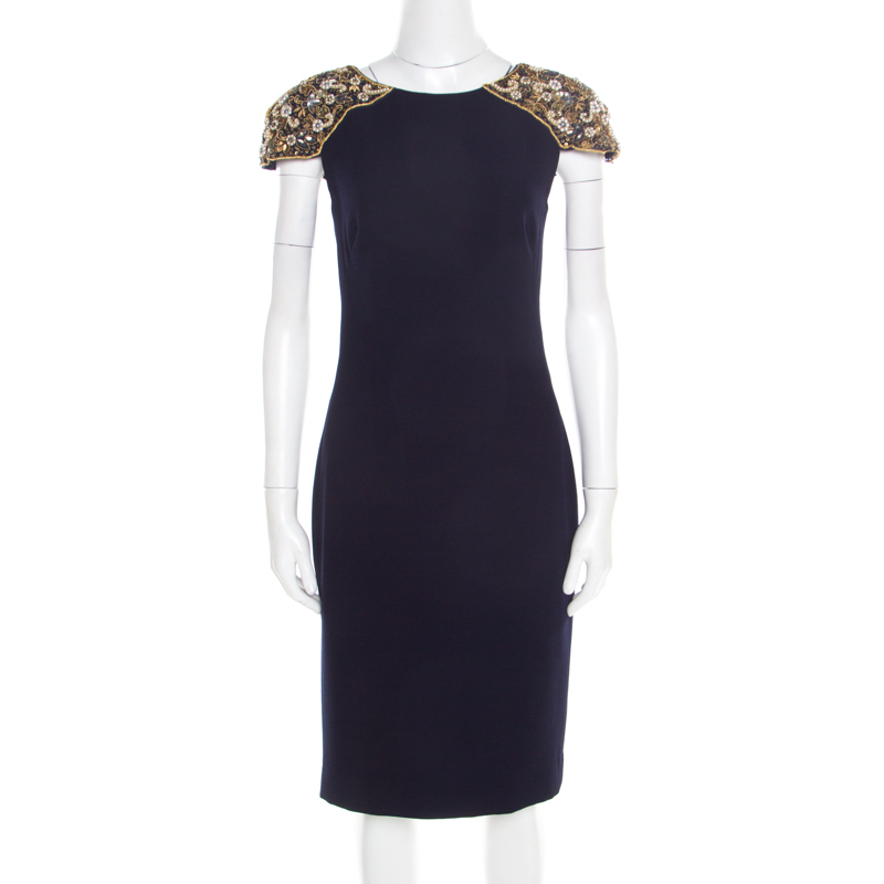 Pre Owned Badgley Mischka Collection Navy Blue Embellished Cap Sleeve Cocktail Dress M