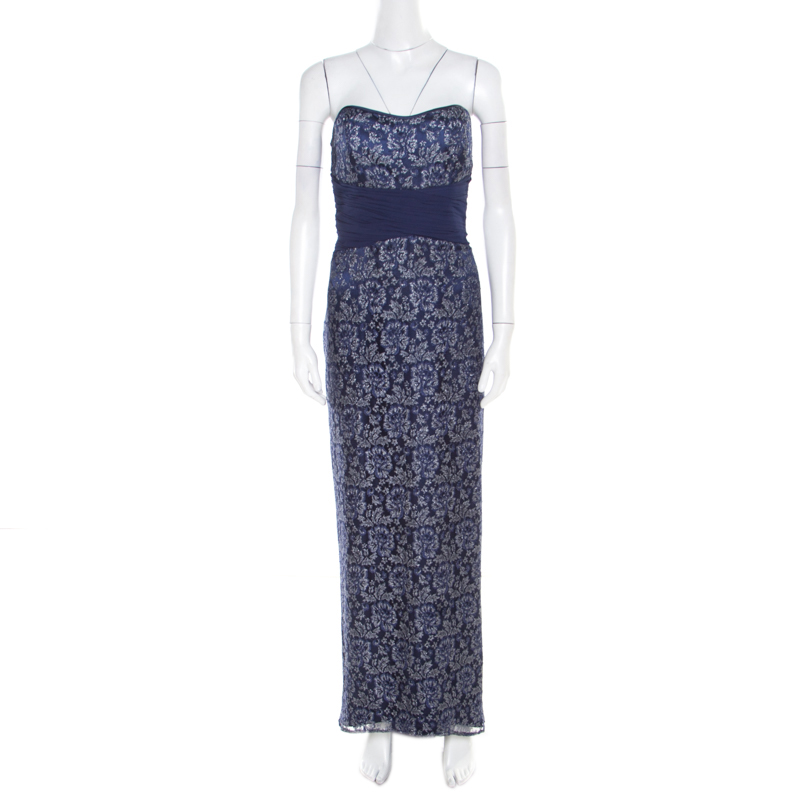 

Badgley Mischka Blue Floral Metallic Lace Maxi Dress and Bolero Set