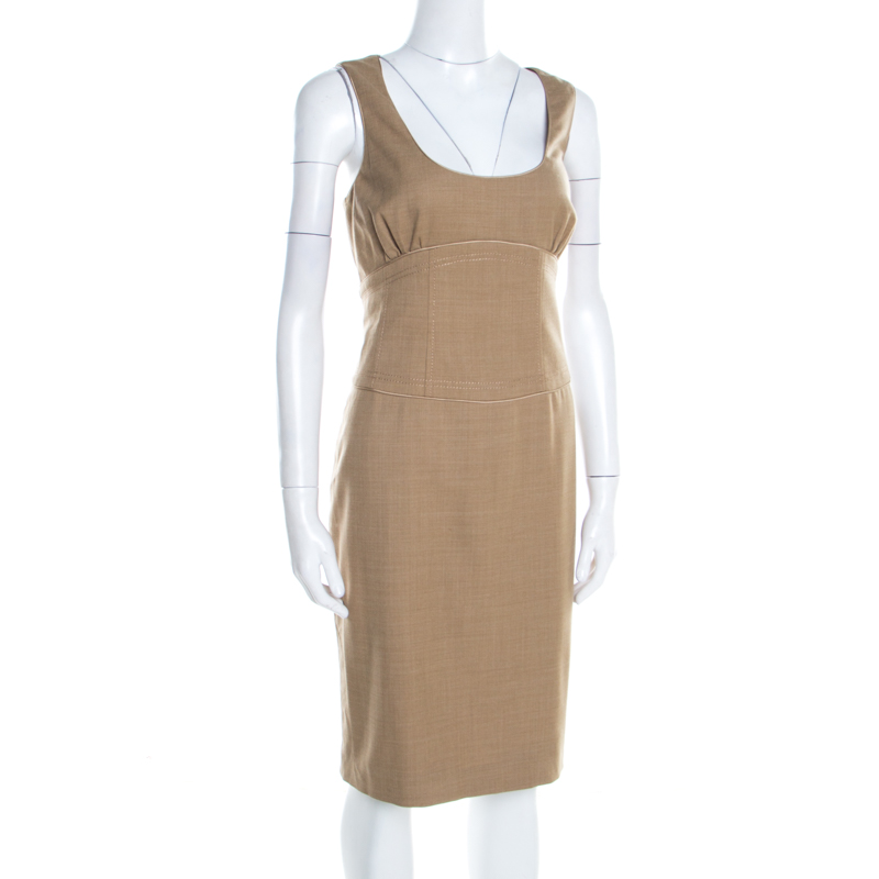 

Badgley Mischka Vintage Tan Wool Satin Trim Sleeveless Sheath Dress, Beige