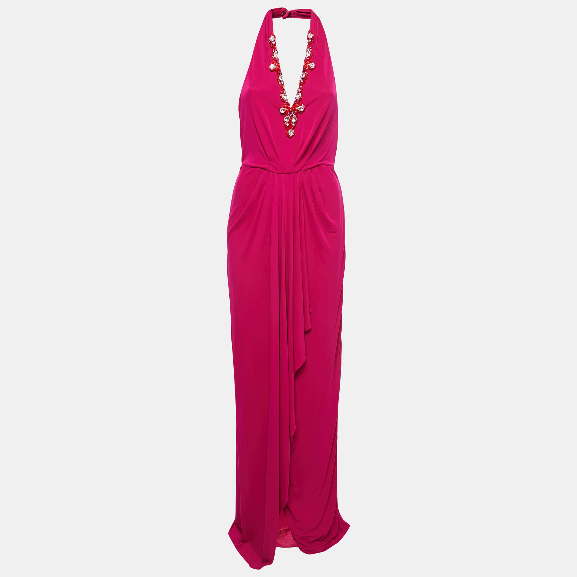 Pre-owned Badgley Mischka Pink Stretch Jersey Embellished Halter Gown M