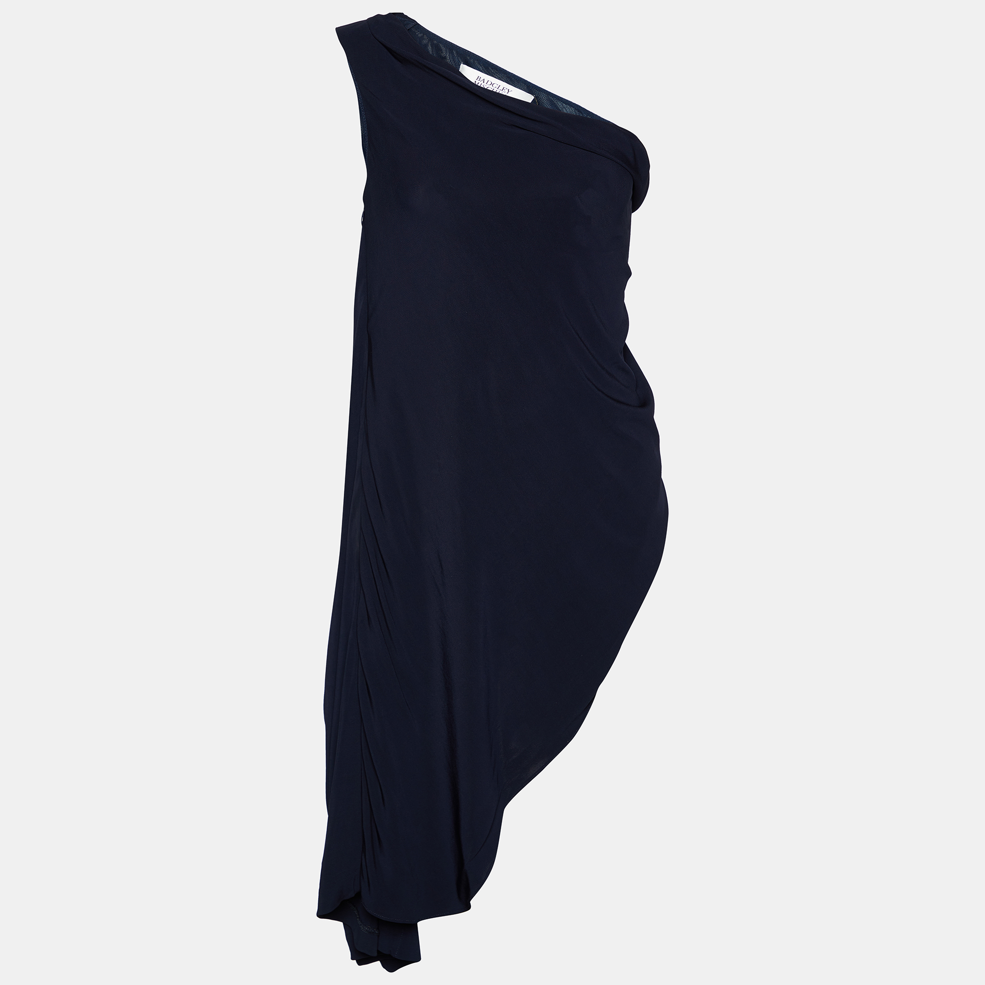 

Badgley Mischka Navy Blue Embellished Detail Jersey Draped Mini Dress XS