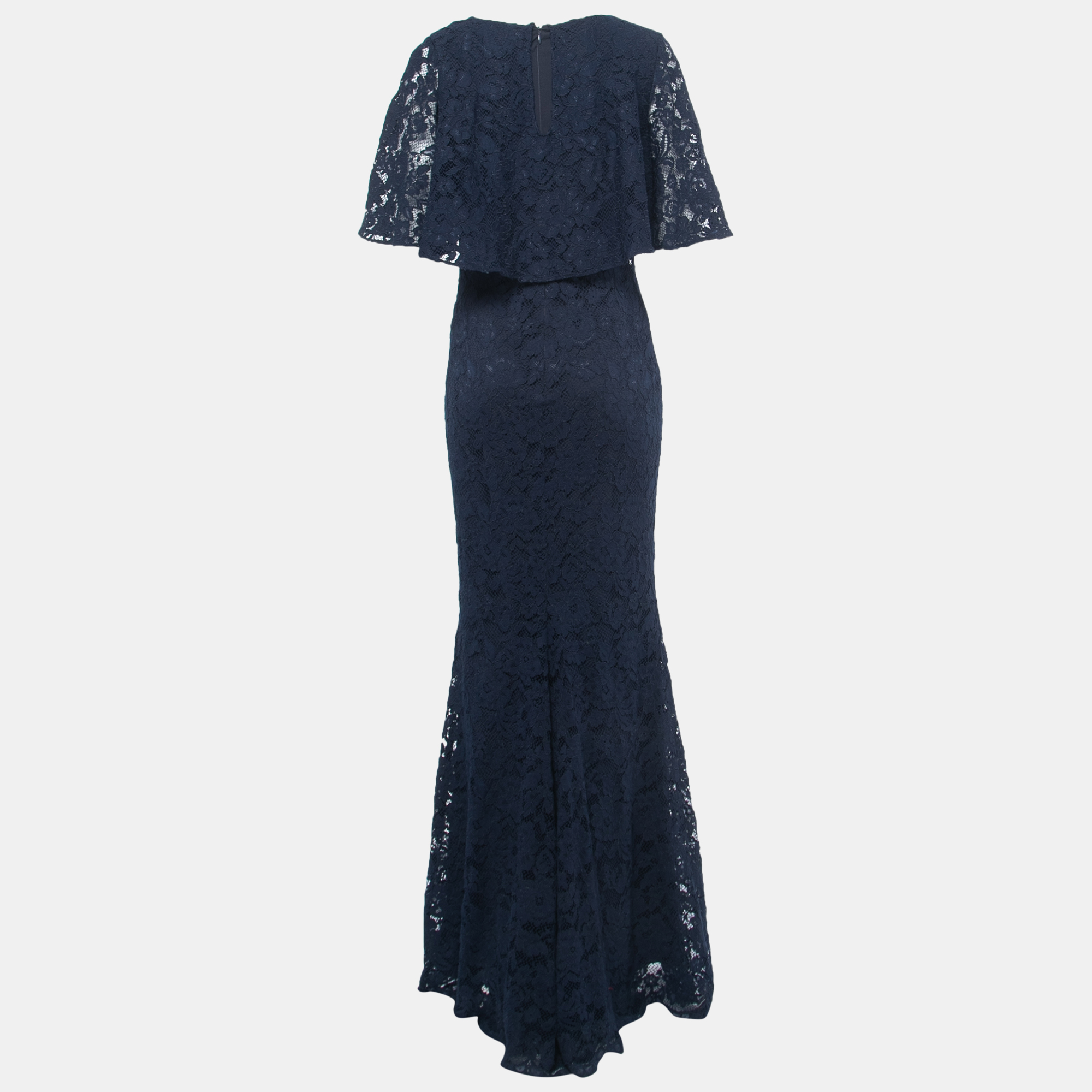

Badgley Mischka Navy Blue Lace Cape Gown