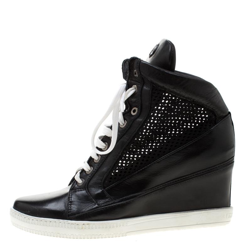 

Baldinini Black Leather And Mesh High Top Wedge Sneakers Size