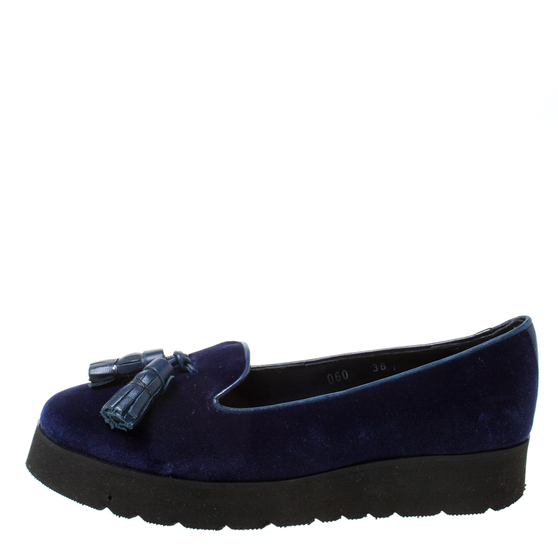 

Baldinini Blue Velvet Tassel Platform Loafers Size