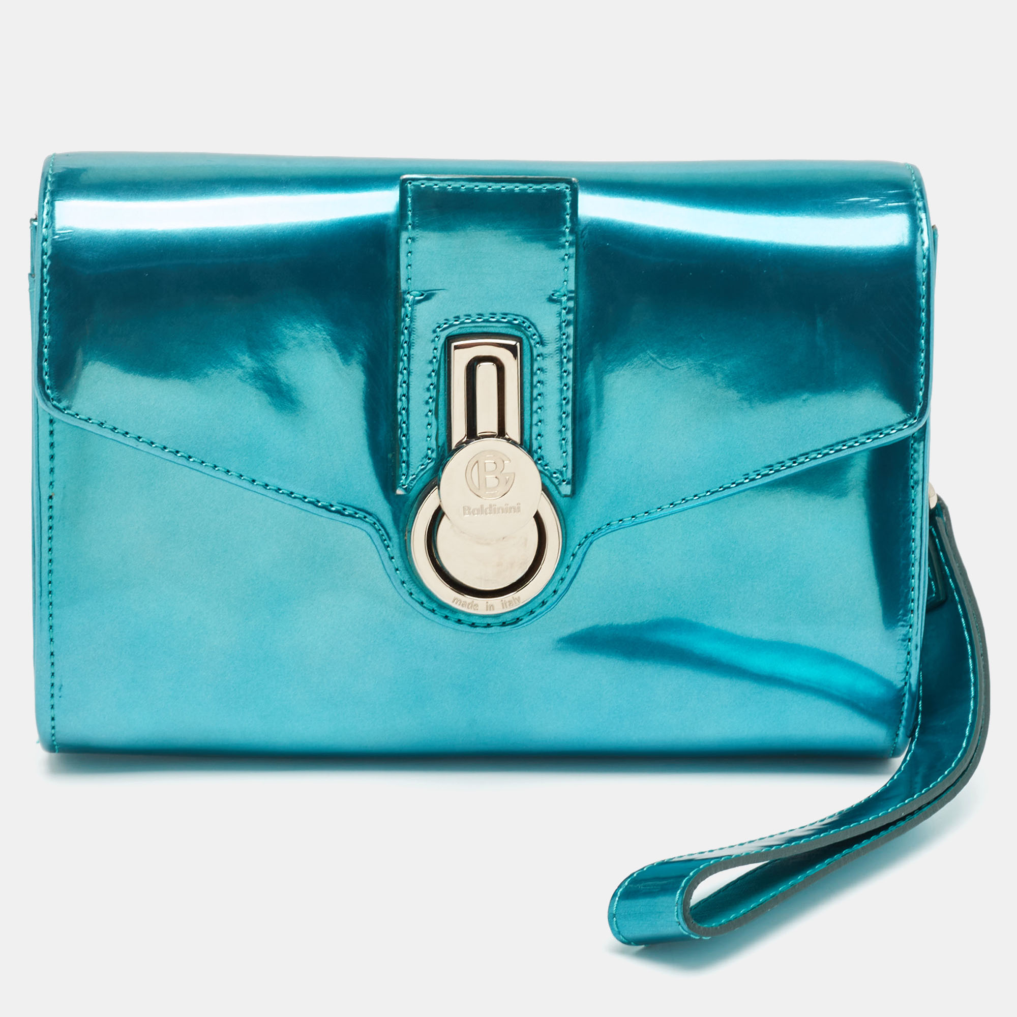 

Baldinini Metallic Blue Patent Leather Flap Wristlet Clutch