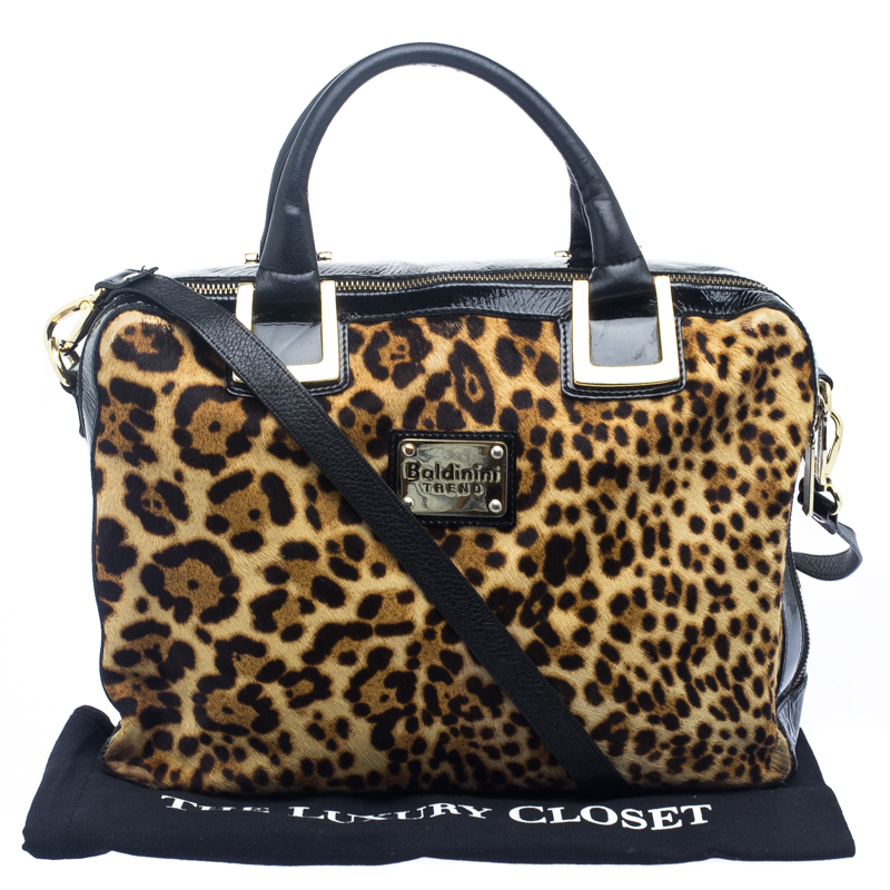Pre Owned Baldinini Black Leopard Print Calfhair and Patent Leather Satchel