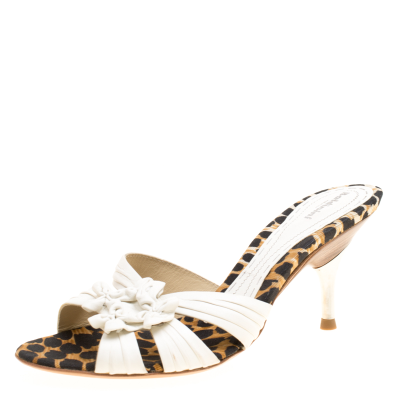 Baldinini White Pleated Leather Peep Toe Slides Size 36