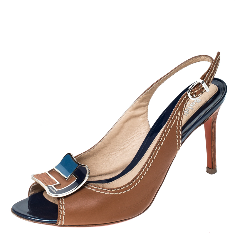 Baldinini Brown Leather Buckle Peep Toe Slingback Pumps Size 36