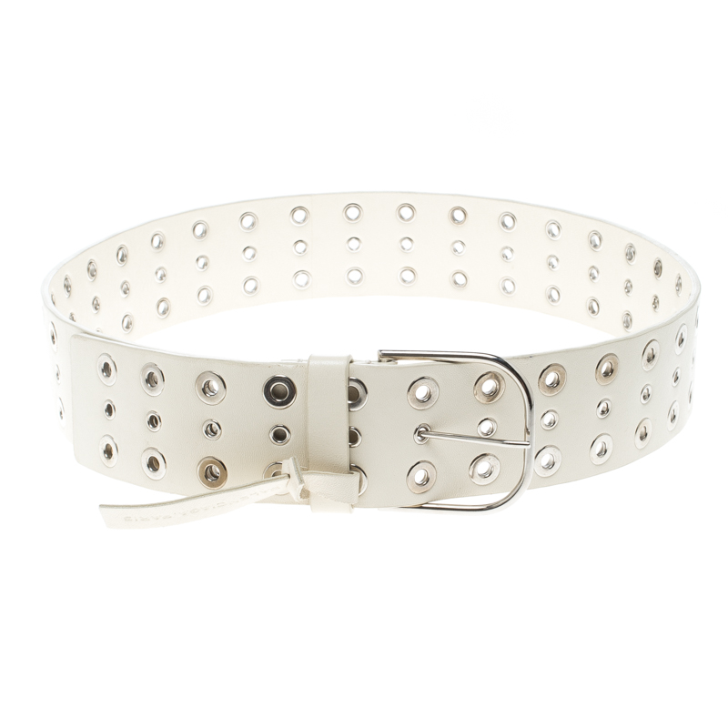 Pre Owned Balenciaga Off White Leather Eyelet Belt 85cm