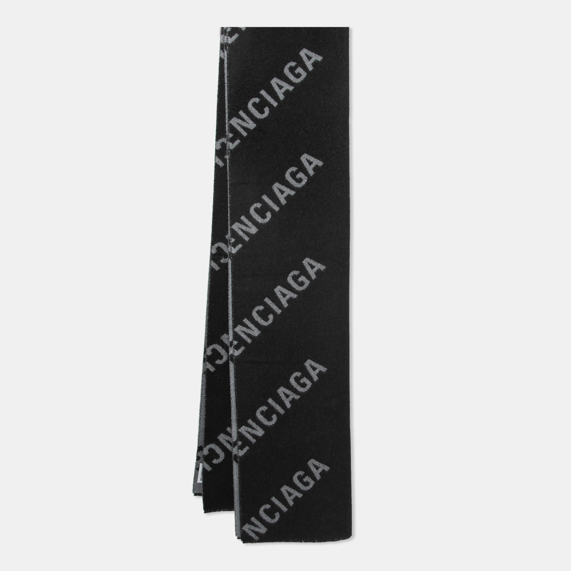 Balenciaga Black/Grey Logo Intarsia Print Wool Scarf