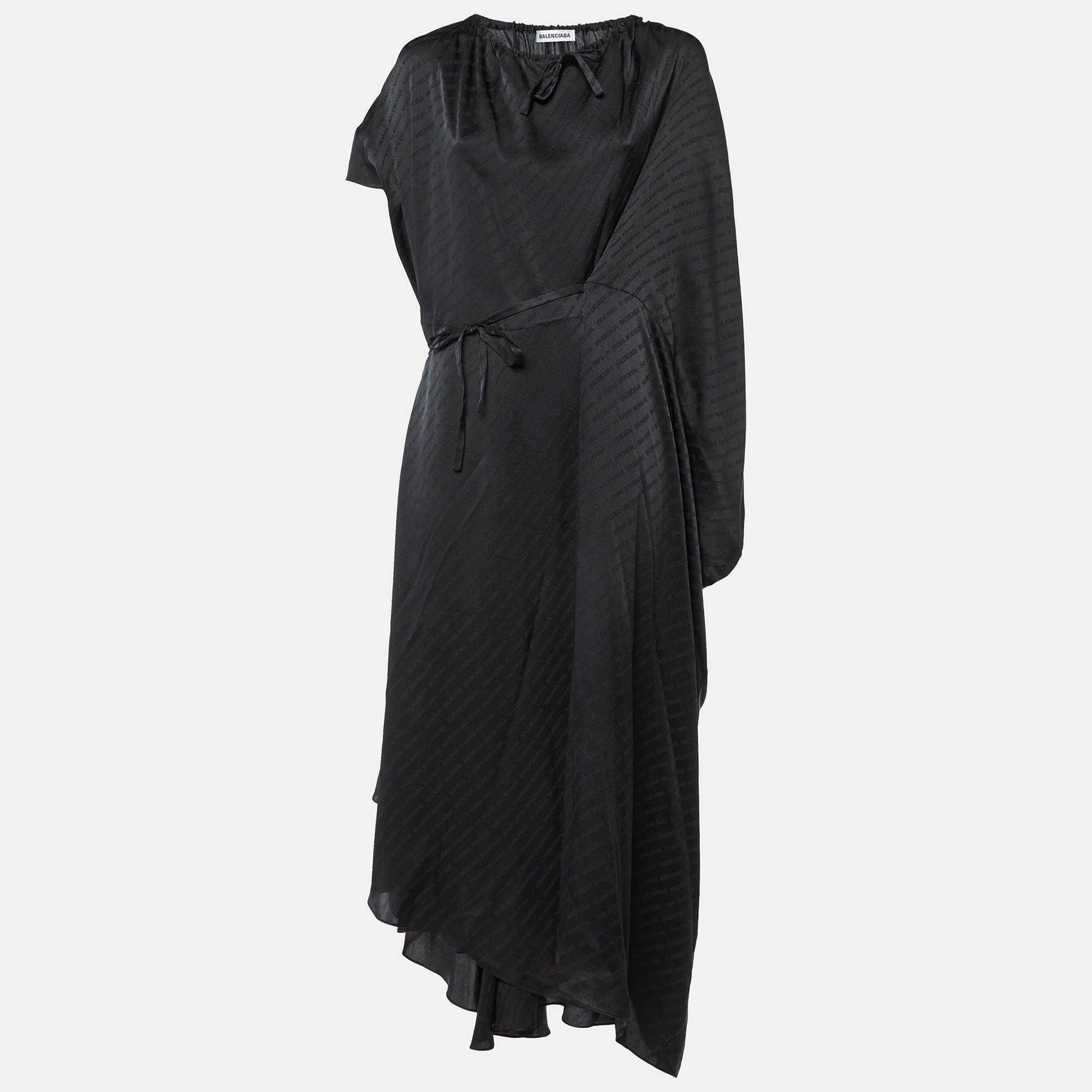 

Balenciaga Black Monogram Satin Silk Asymmetric Midi Dress M