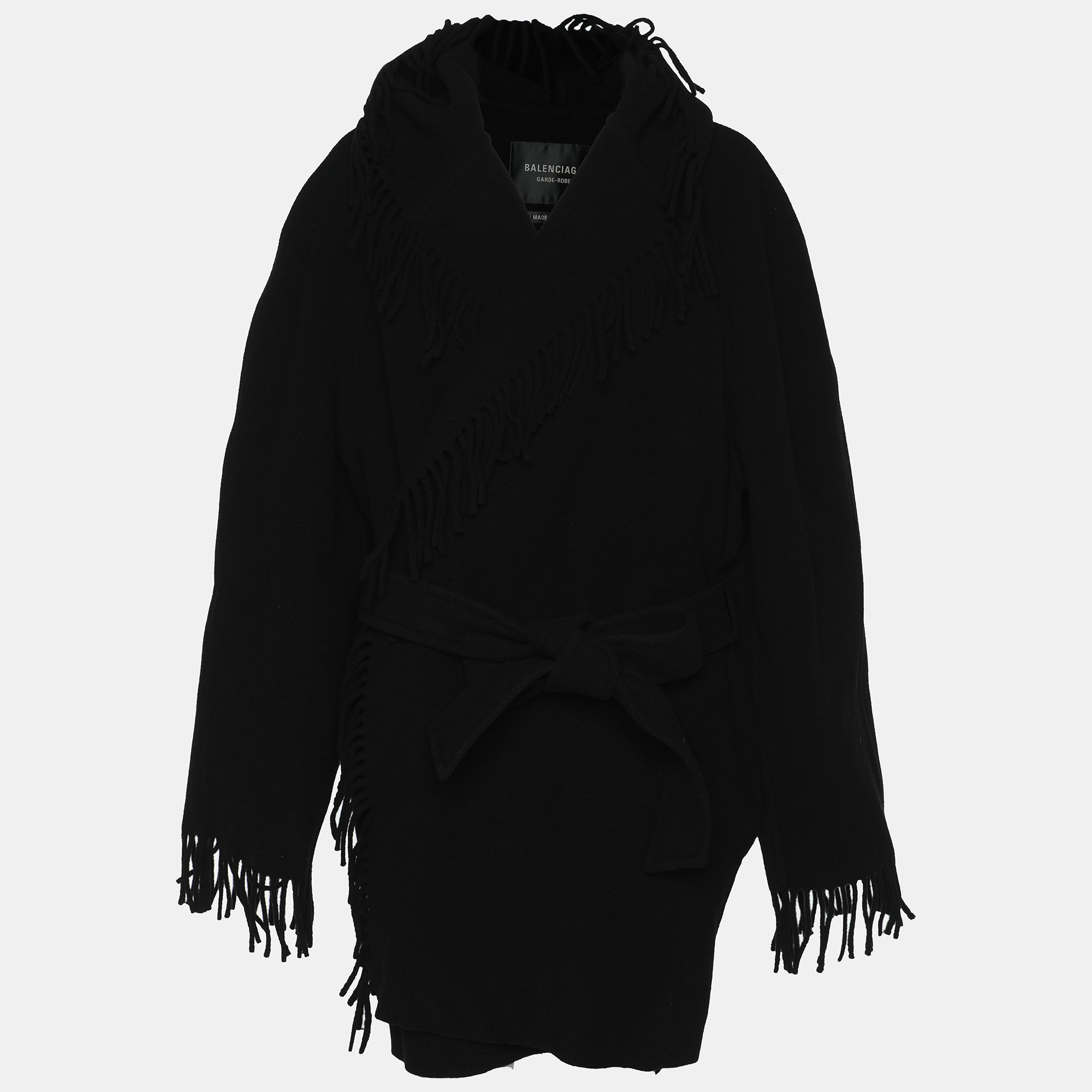 

Balenciaga Black Wool Fringe Edge Hooded Cardi Coat M