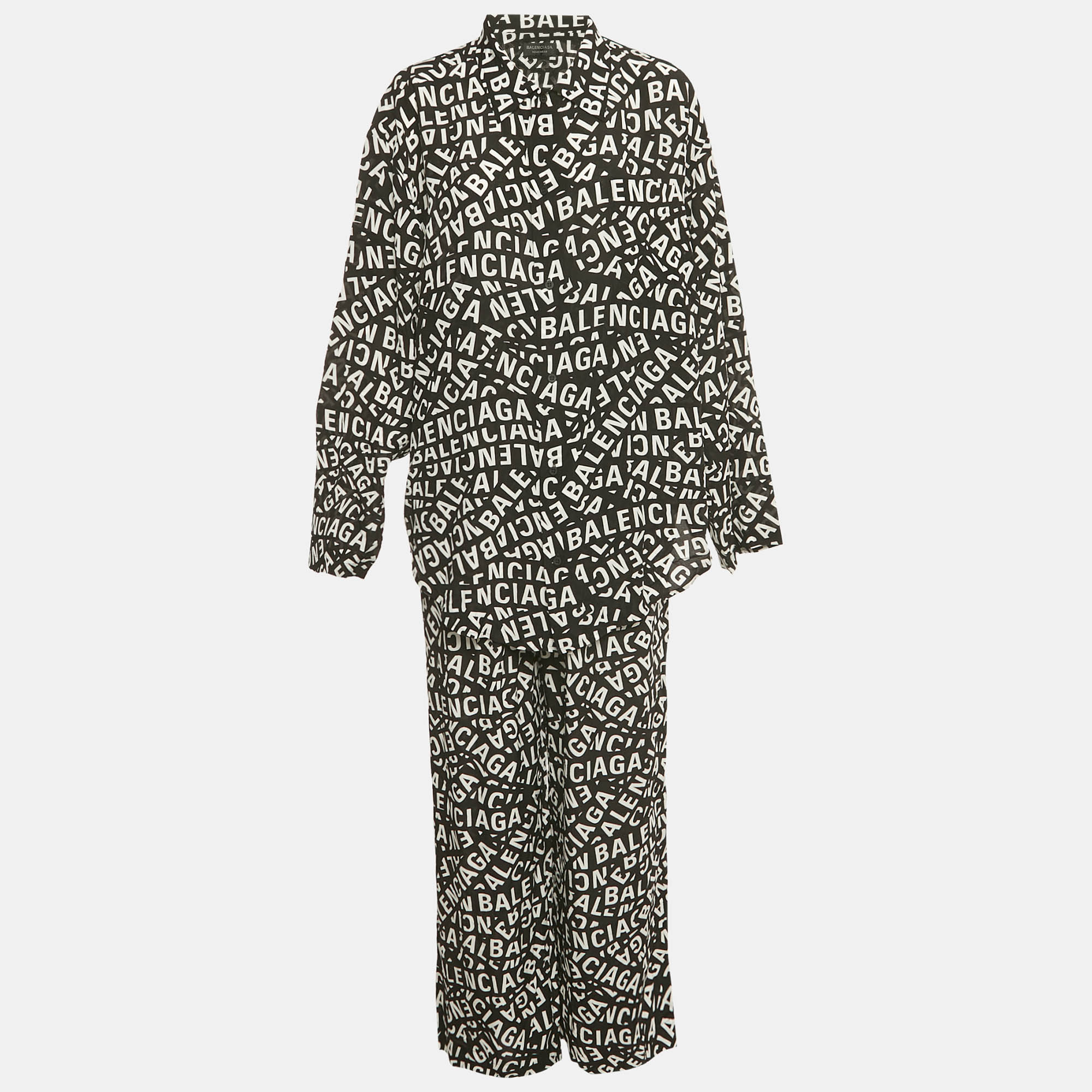 Pre-owned Balenciaga Homewear Black Logo All-over Silk Pajama Set S