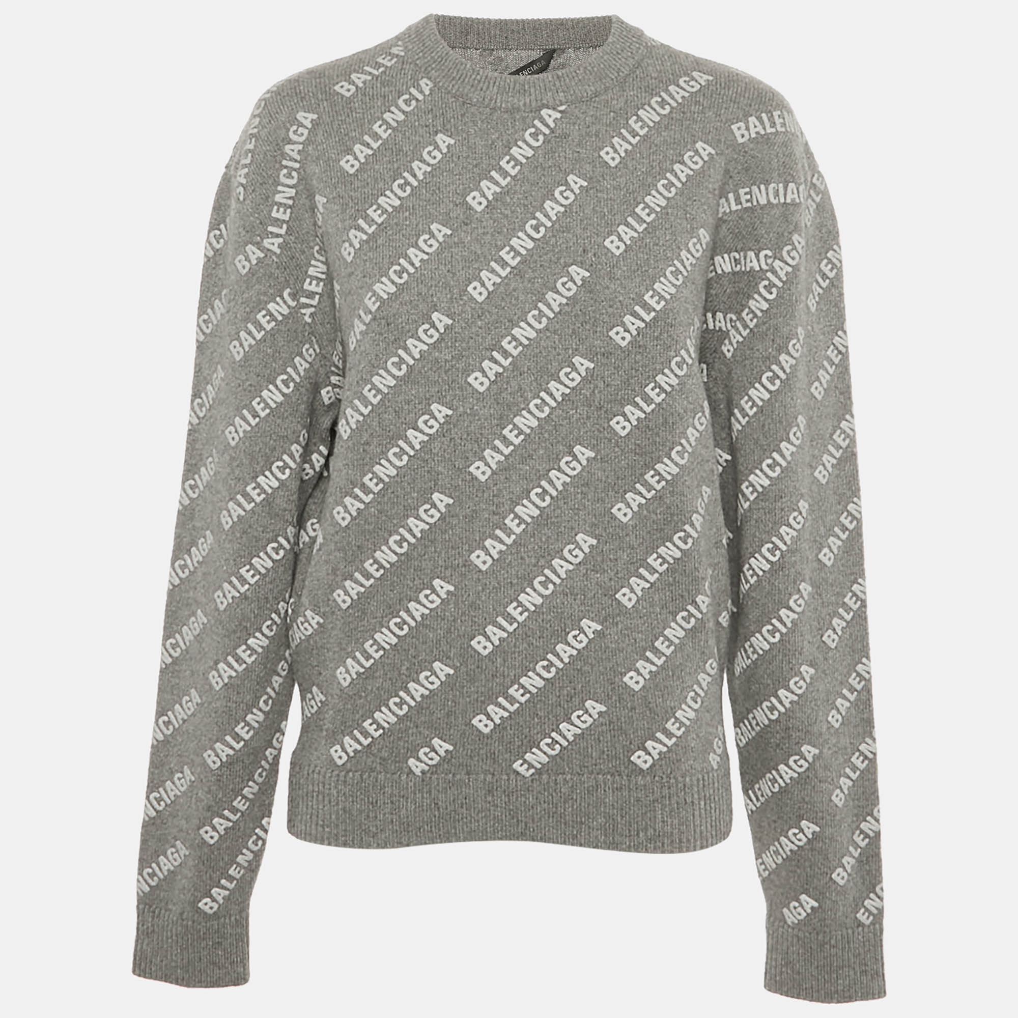 

Balenciaga Grey Logo All-Over Print Cashmere Crewneck Sweater S