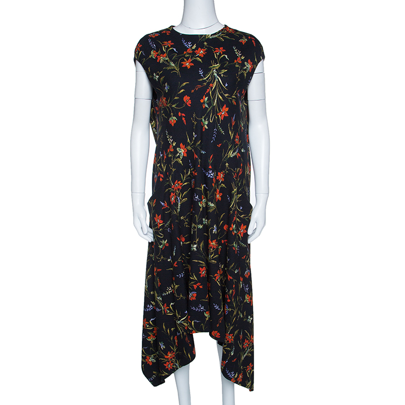 Pre Owned Balenciaga Black Wildfower Printed Crepe Cap Sleeve Asymmetric Dress M