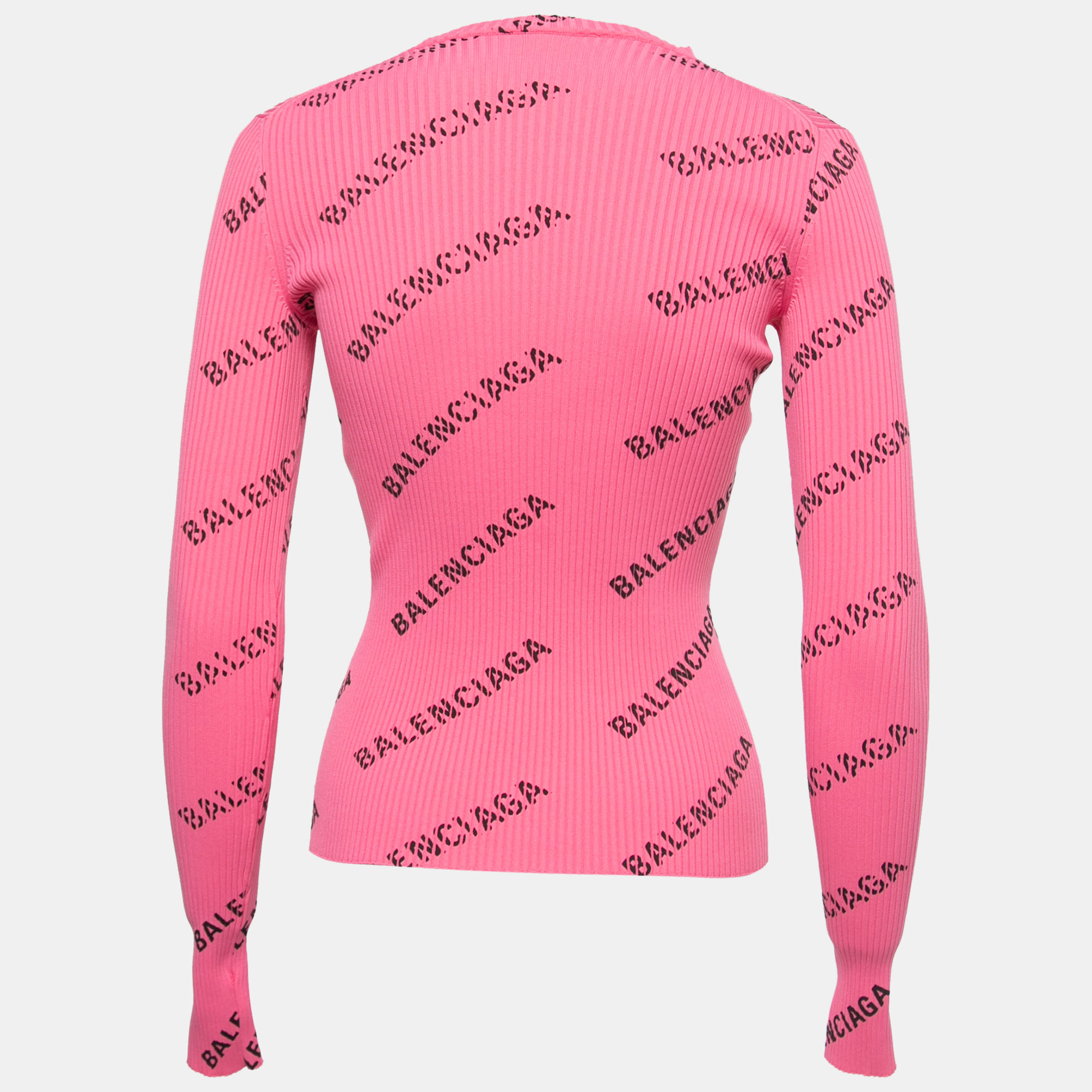 

Balenciaga Pink All Over Logo Print Ribbed Knit Pullover