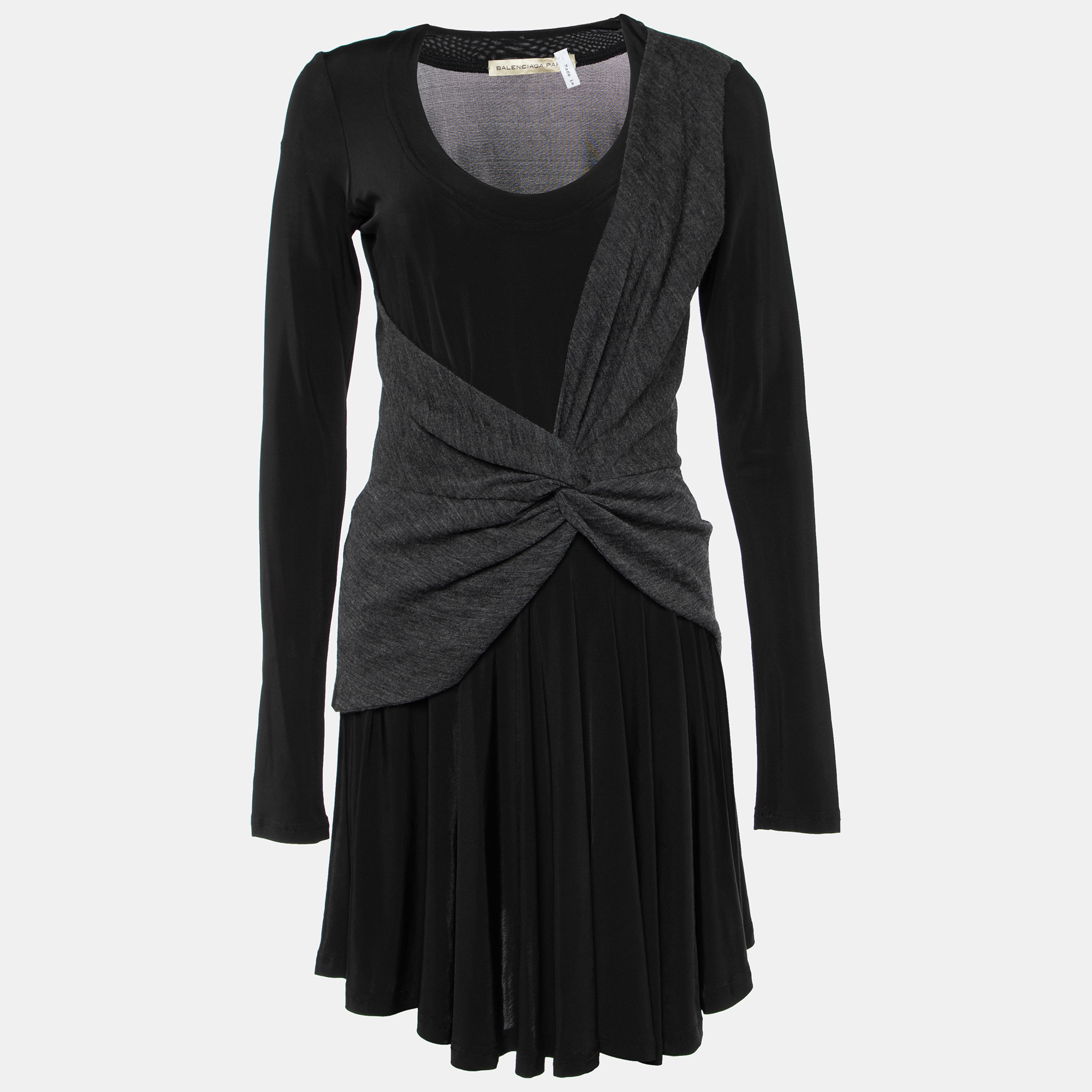 Pre Owned Balenciaga Black Jersey & Grey Overlay Detail Mini Dress M