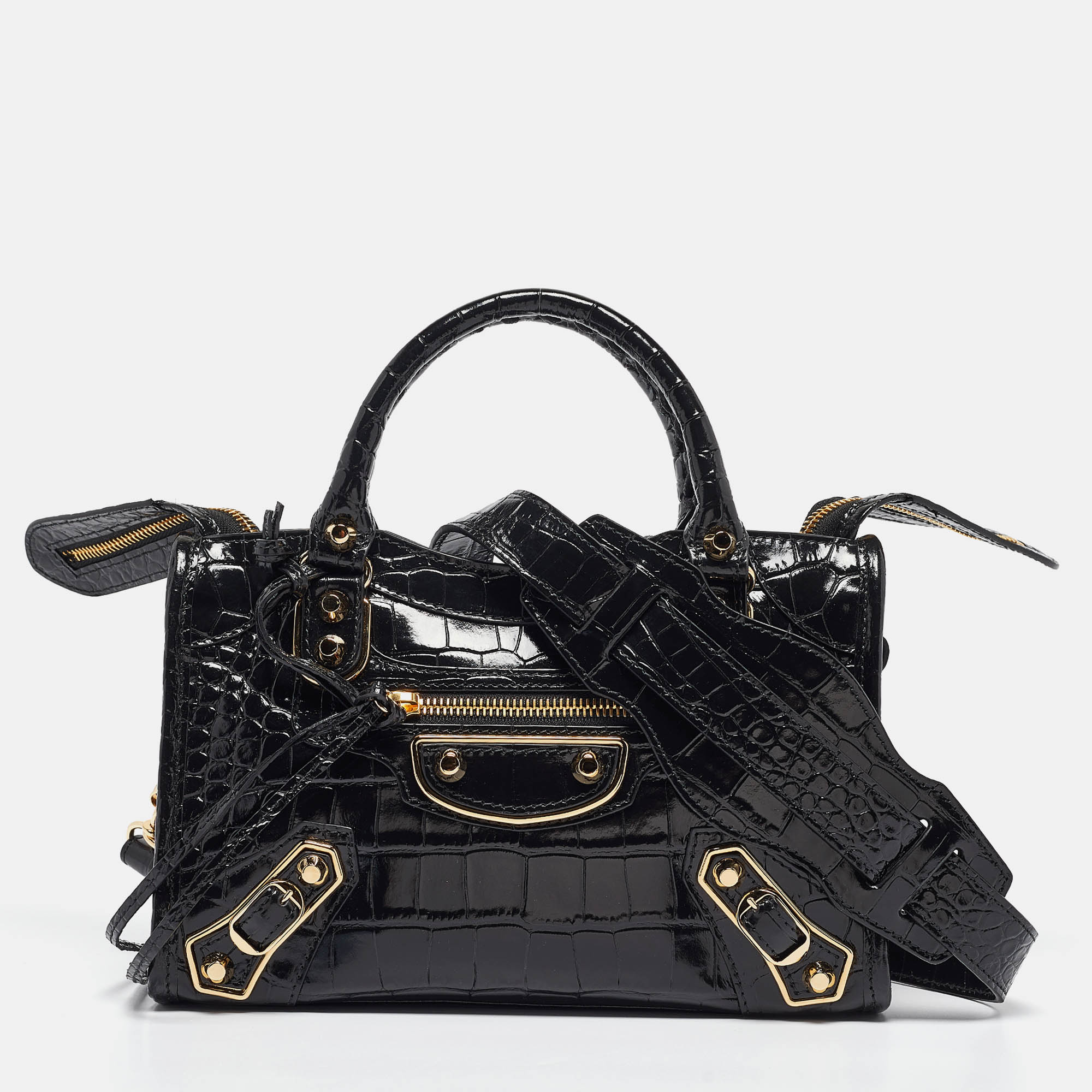 

Balenciaga Black Croc Embossed Glossy Leather Mini Metallic Edge Classic City Bag