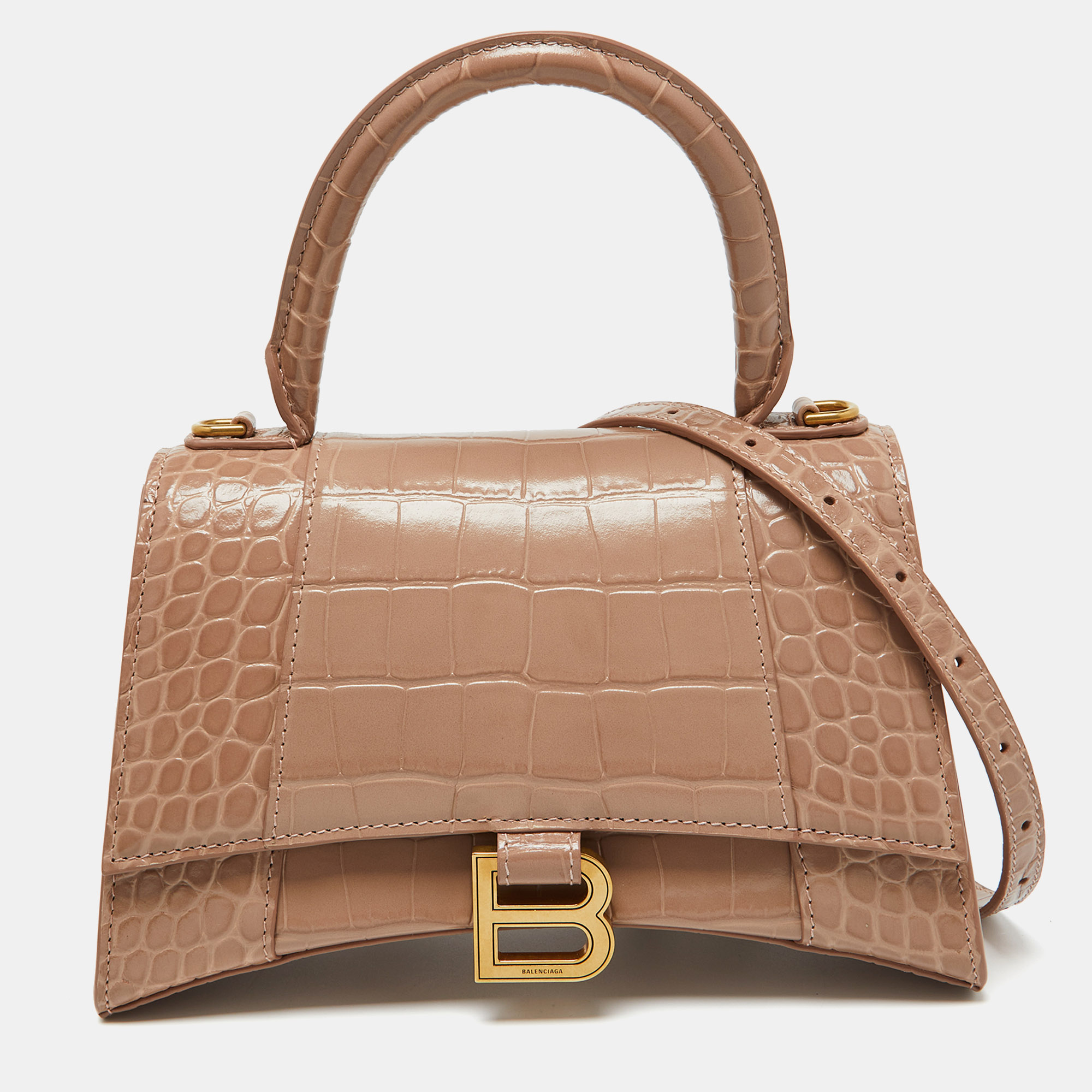 

Balenciaga Beige Croc Embossed Leather  Hourglass Top Handle Bag