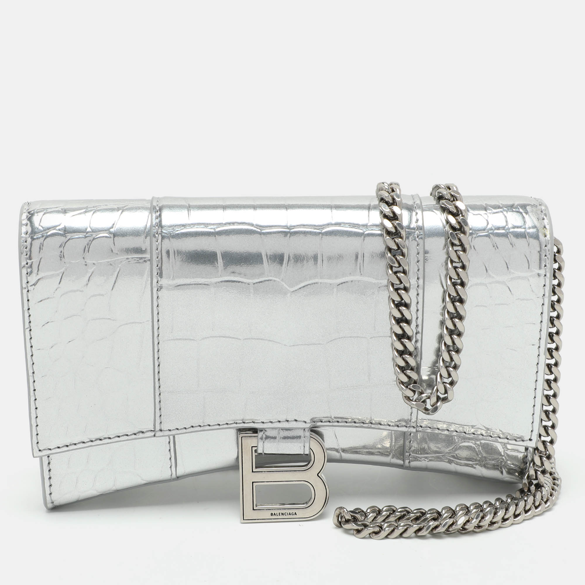 

Balenciaga Silver Croc Embossed Leather Hourglass Wallet On Chain