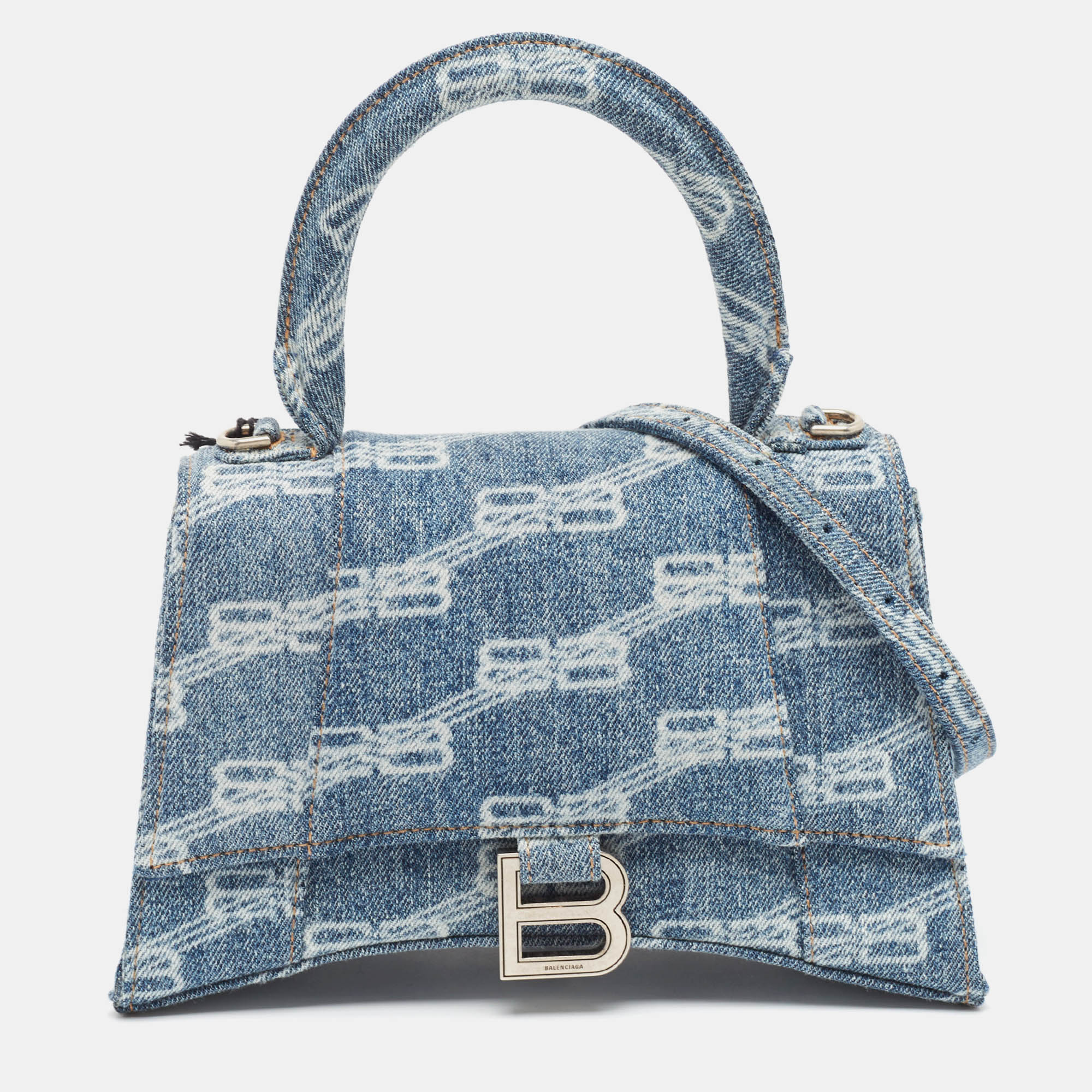 

Balenciaga Light Blue BB Monogram Denim Small Hourglass Top Handle Bag