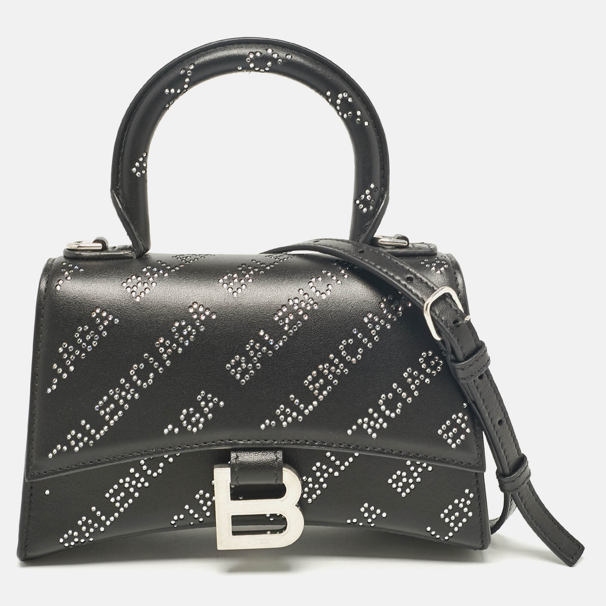 

Balenciaga Black Leather  Diagonal Logo Crystal Hourglass Top Handle Bag