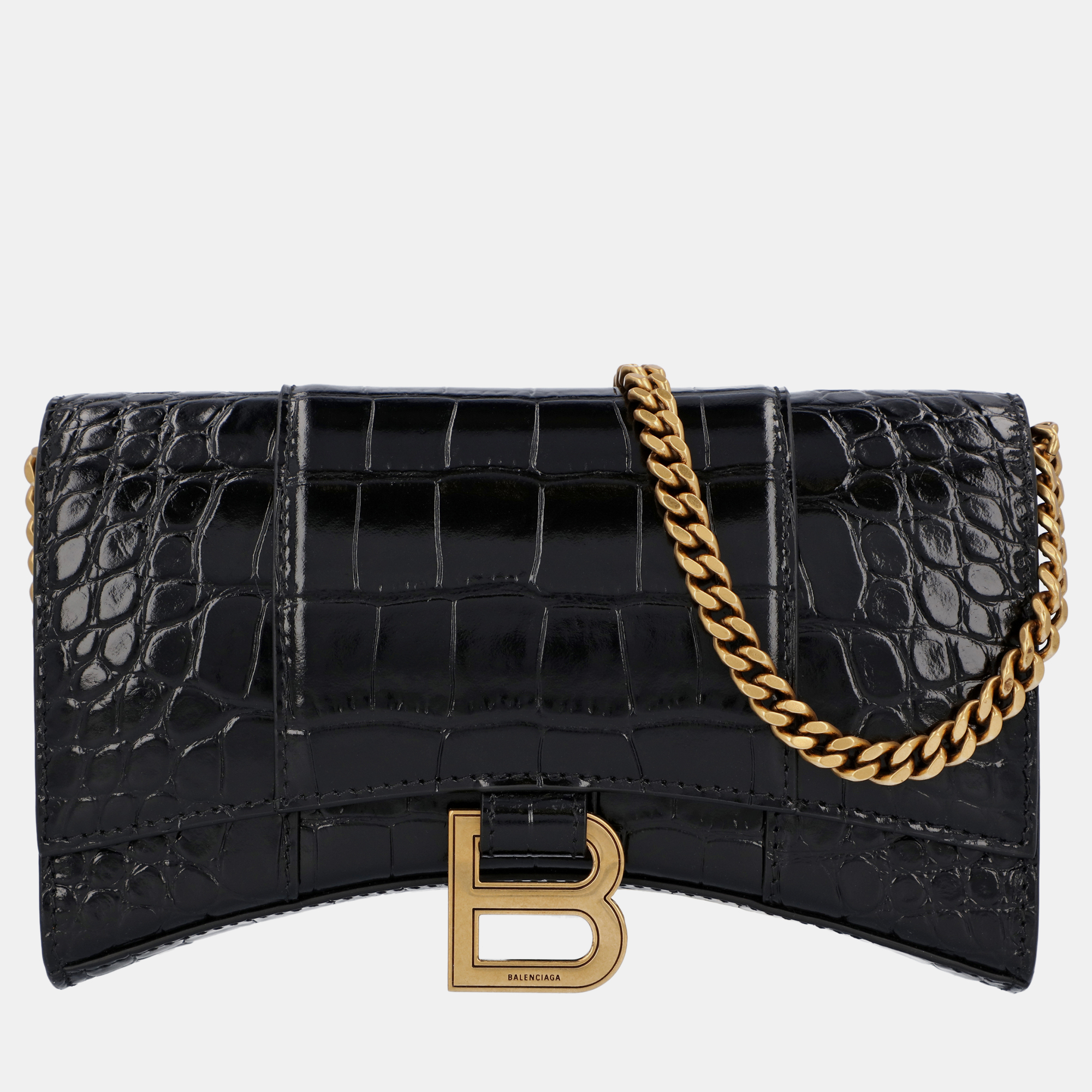 

Balenciaga Black Crocodile Embossed Hourglass Wallet on Chain