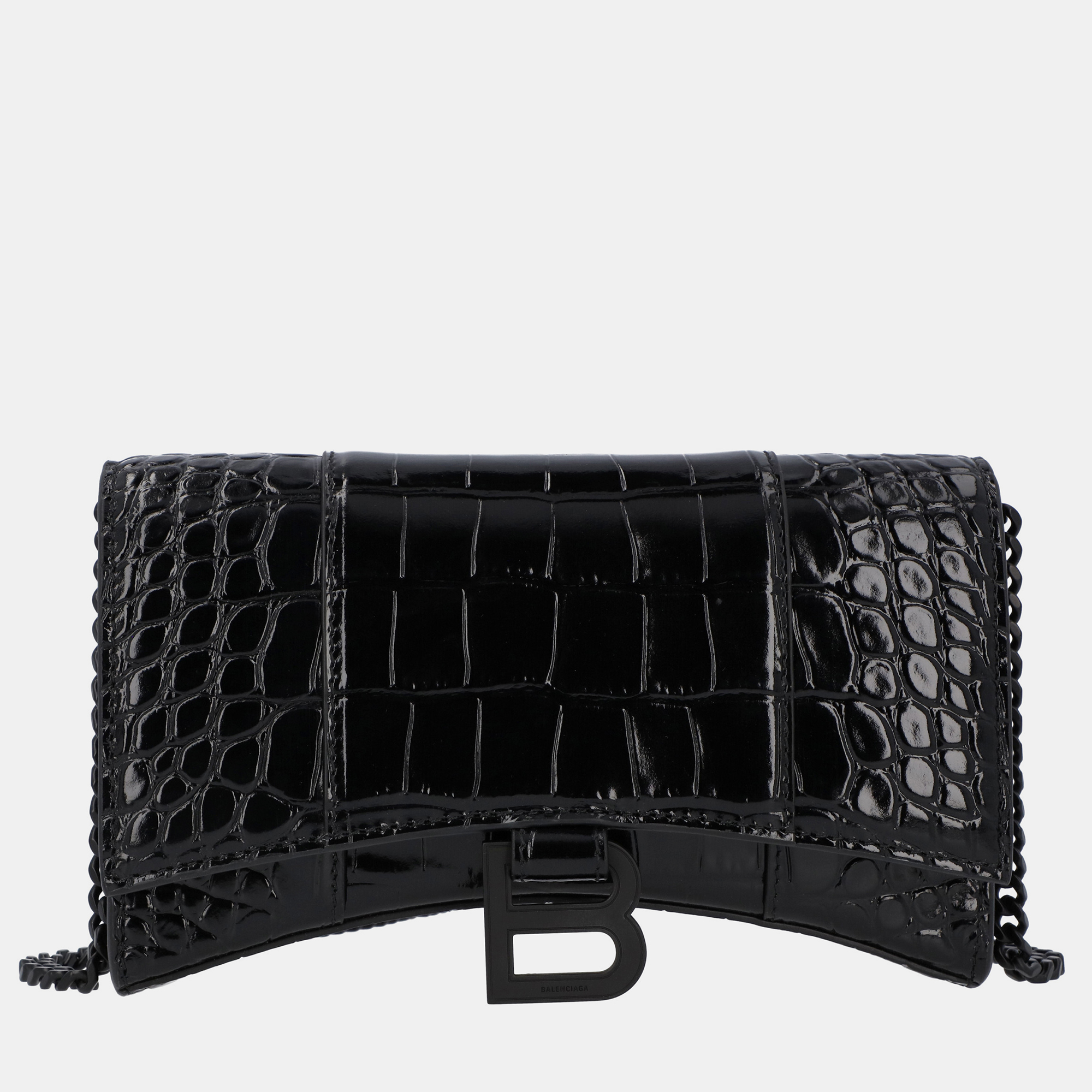 

Balenciaga Black Crocodile Embossed Hourglass Wallet on Chain