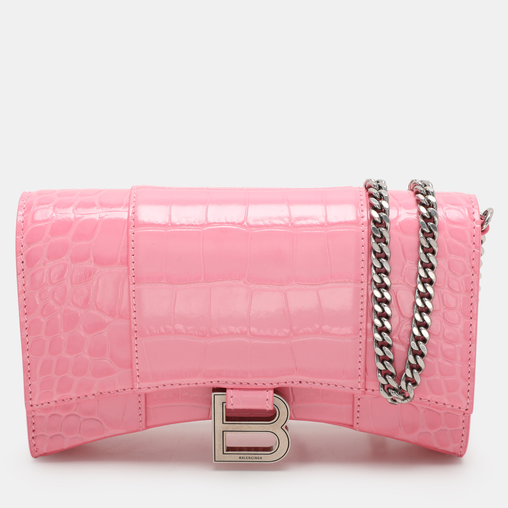 

Balenciaga Pink Croc Embossed Leather  Hourglass Wallet on Chain