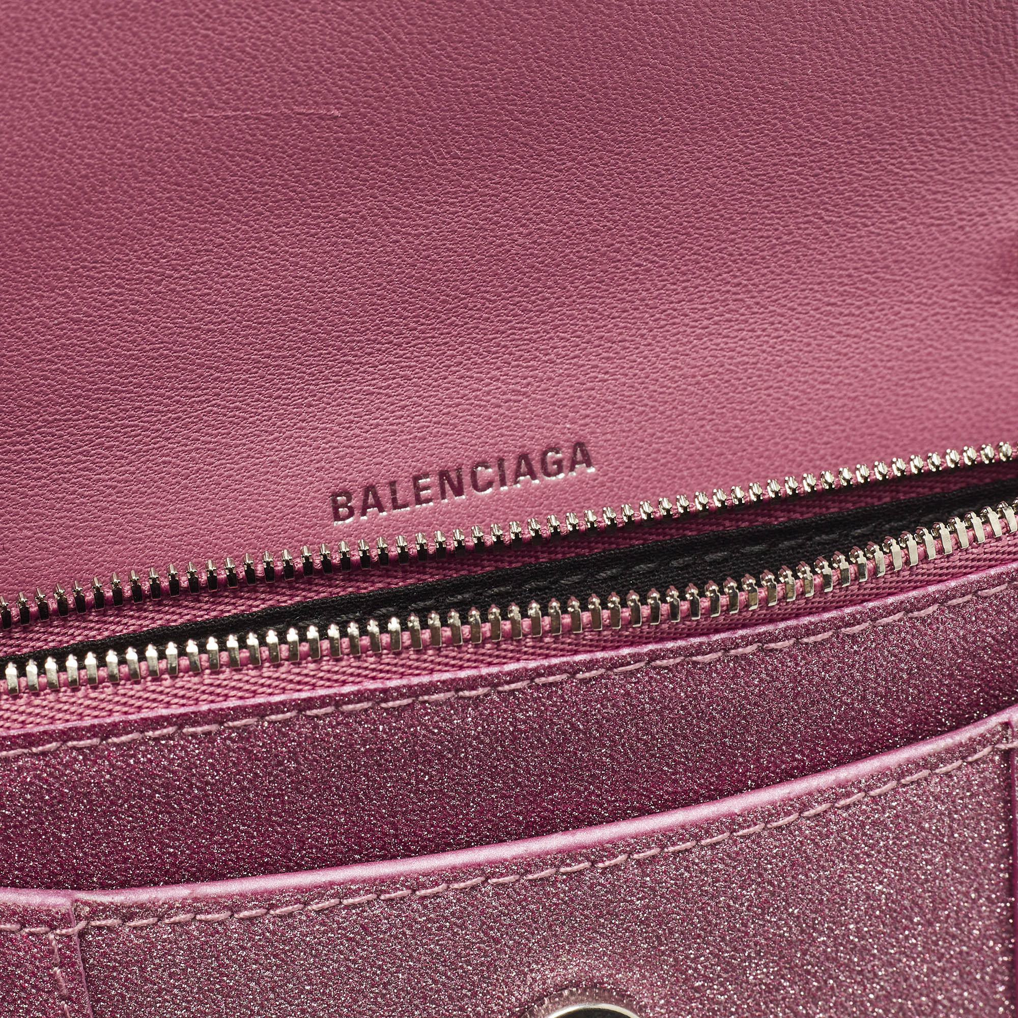 Balenciaga Pink Glitter Leather XS Hourglass Wallet on Chain 