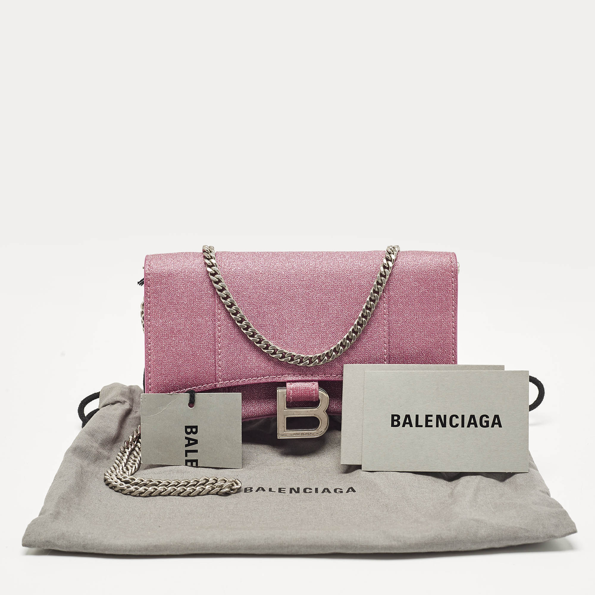 Balenciaga Pink Glitter Leather XS Hourglass Wallet on Chain 
