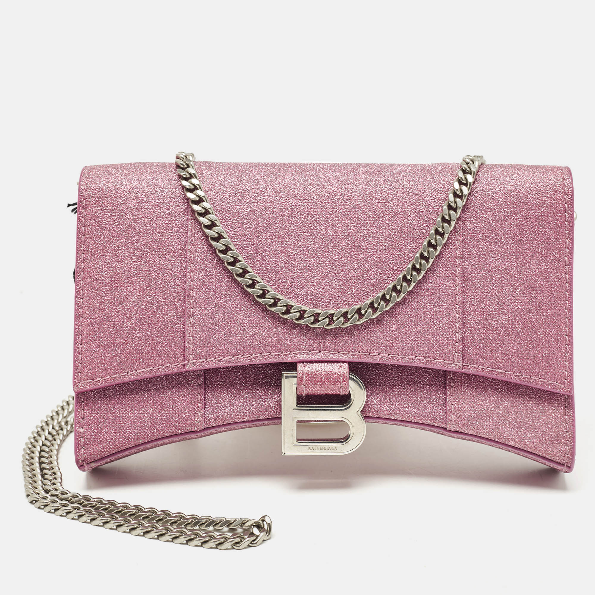 

Balenciaga Pink Glitter Leather  Hourglass Wallet on Chain