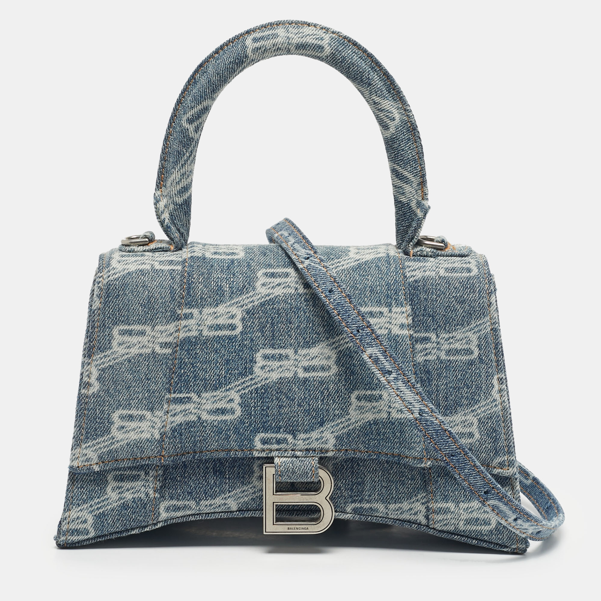 

Balenciaga Blue BB Monogram Denim Small Hourglass Top Handle Bag