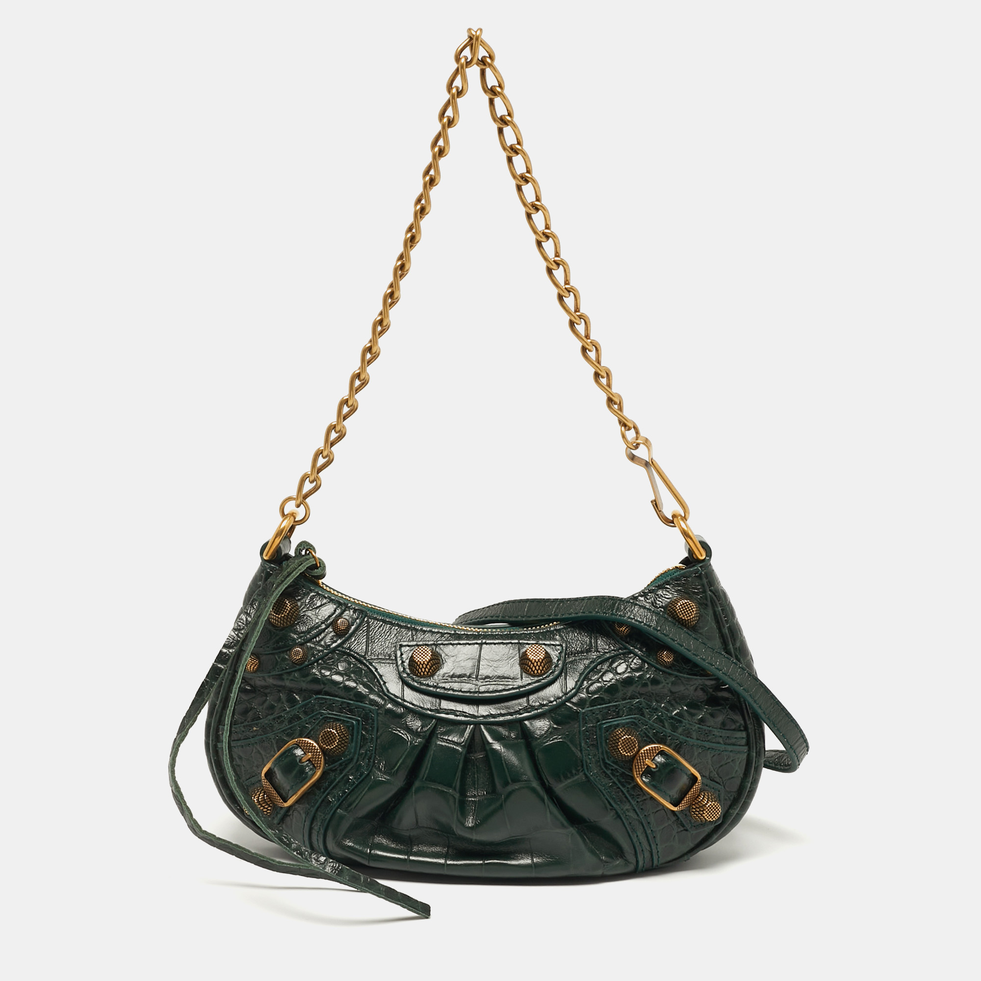 

Balenciaga Le Cagole Chain Mini Green Croc Embossed Leather Crossbody Bag
